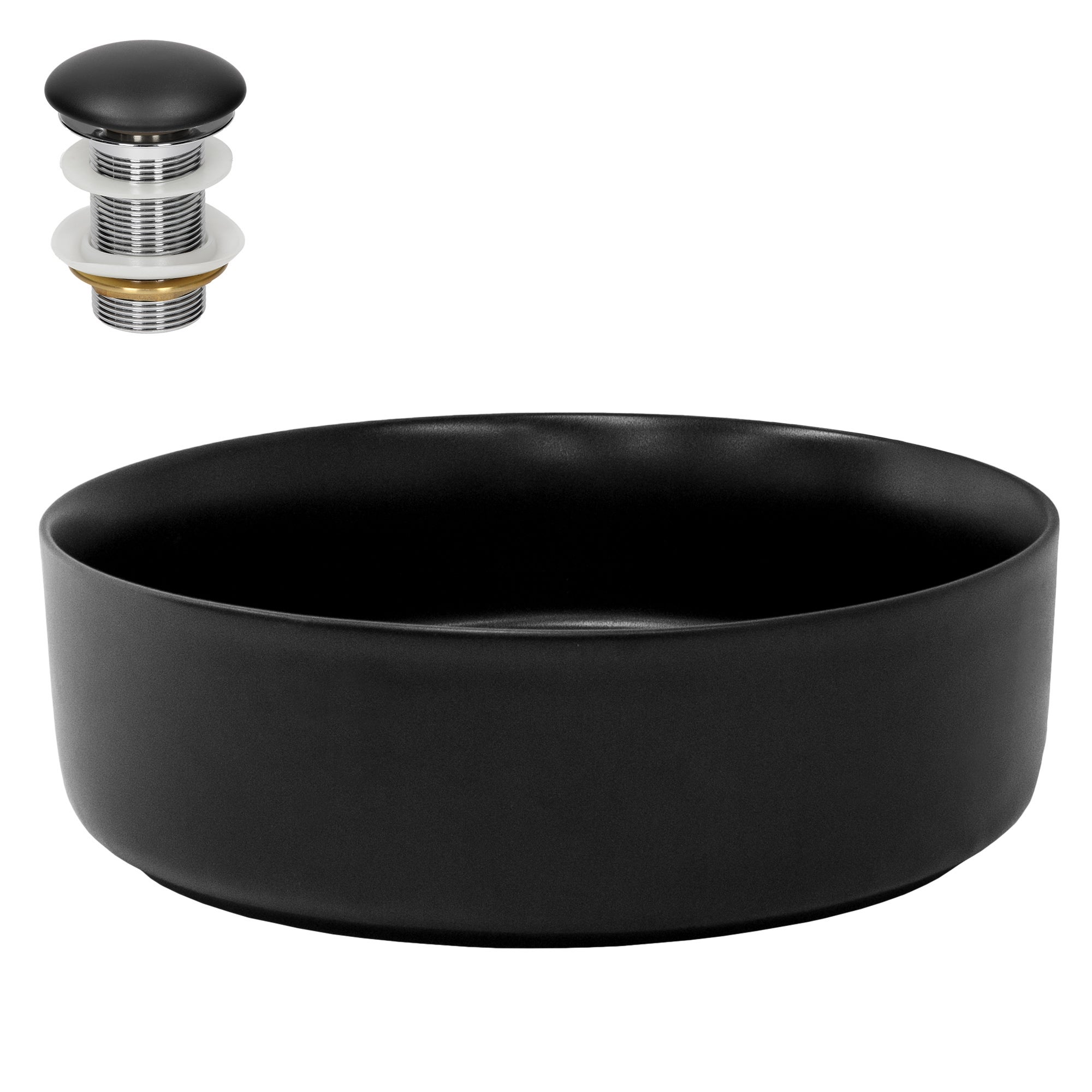 Lavoar de baie LuxeBath, Ø 36x12 cm, din ceramica, forma rotunda, cu ventil pop-up, fara orificiu pentru baterie, cu montare pe blat, negru mat