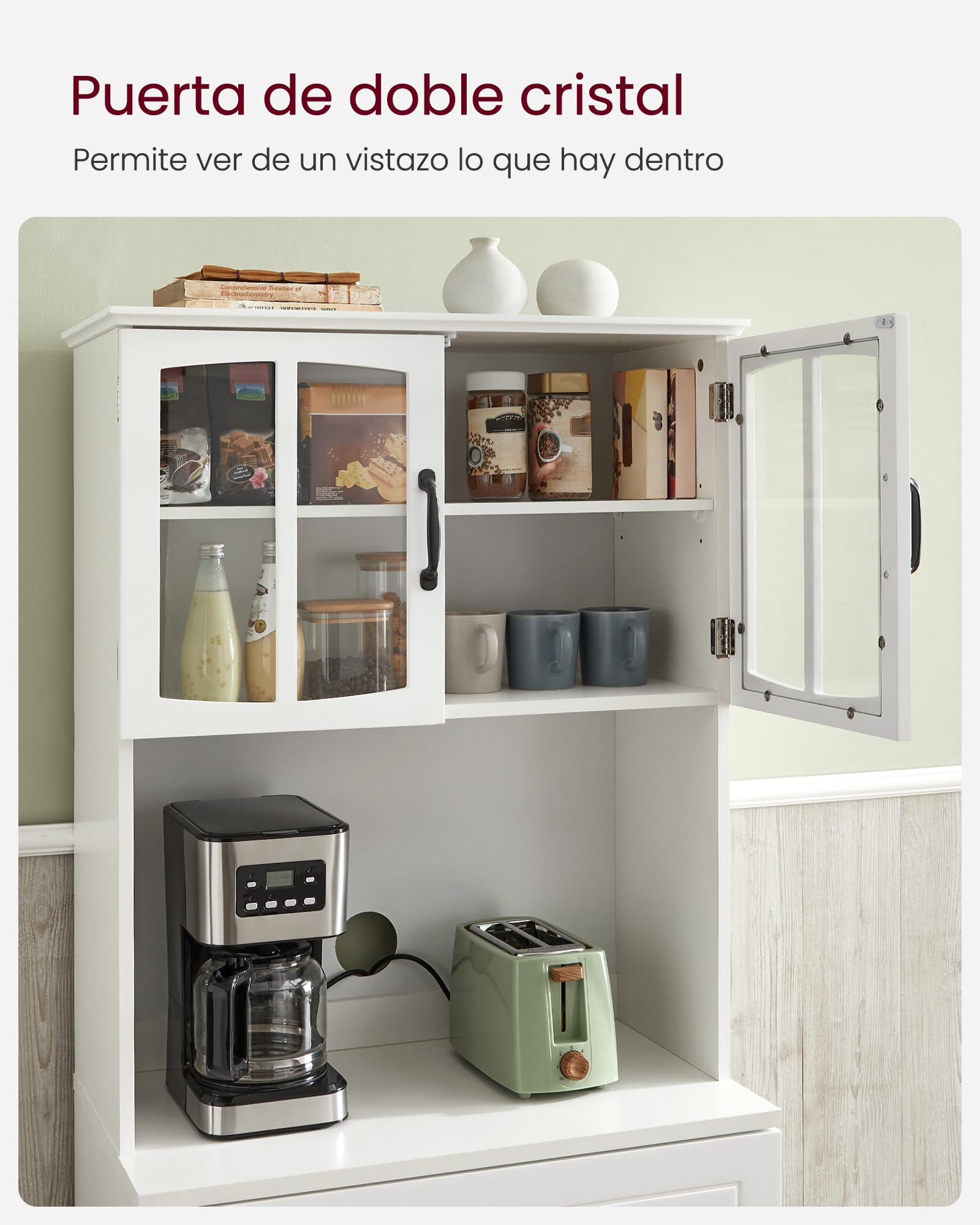 Armario alto de cocina blanco con puertas de cristal y estantes ajustables, cajón, encimera para microondas y cables, estilo moderno - 5