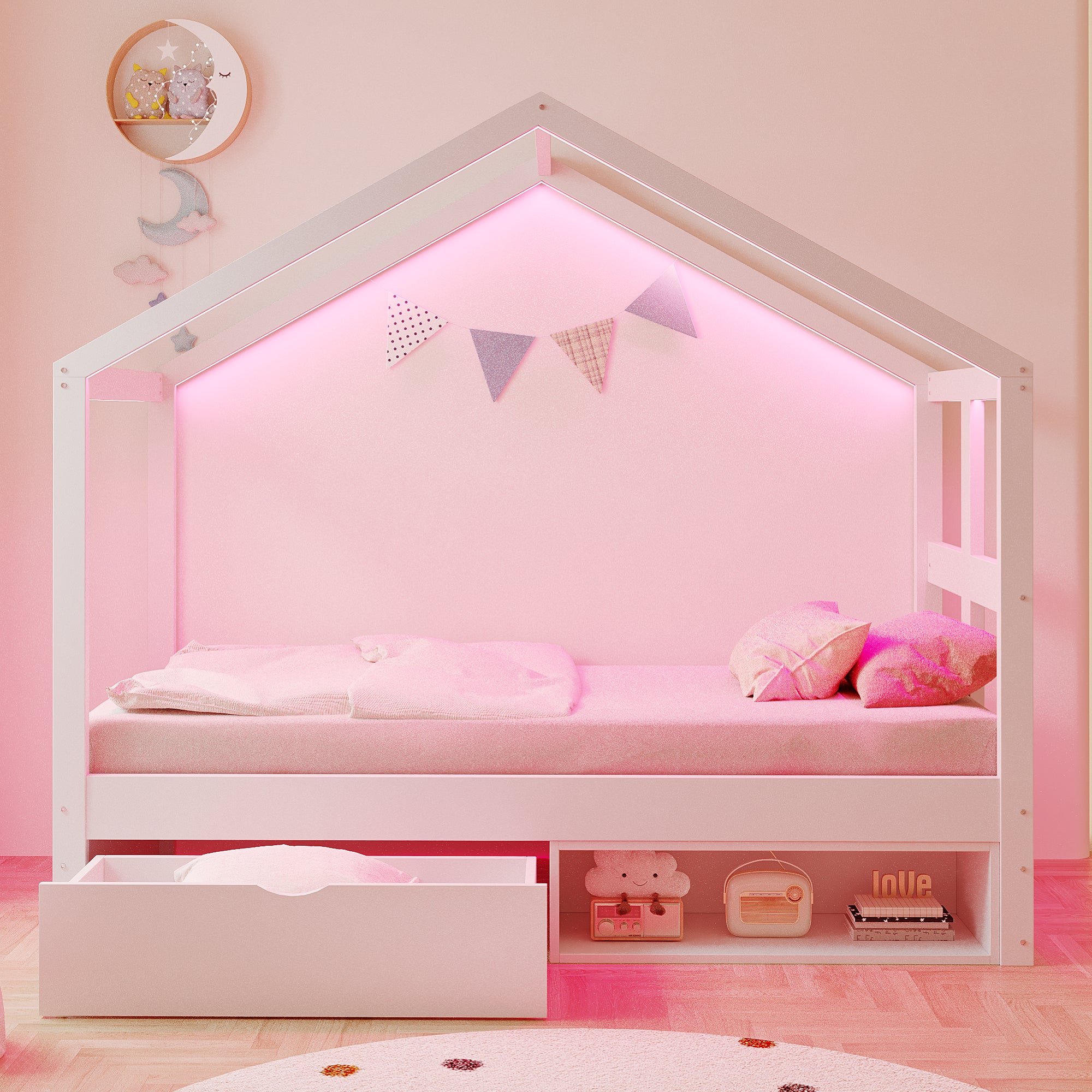 Łóżko domek dziecięcy 90x190 cm - z 1 szufladą - z oświetleniem LED - stelaż lamelowy - biały (materac nie jest wliczony w cenę)