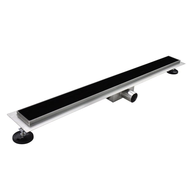 KODY Caniveau de douche L.120 cm verre noir et acier inoxydable, siphon anti-odeurs, drainage performant