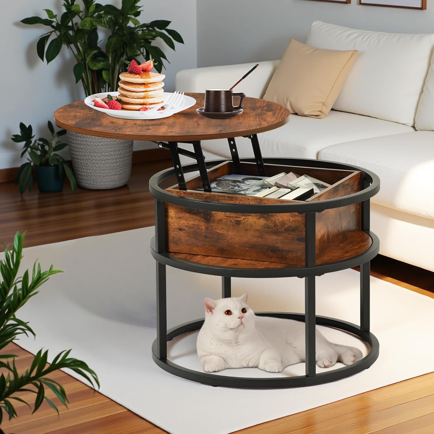 Table Basse Relevable Ronde Table basse ronde avec plateau relevable, table d'appoint réglable en ...