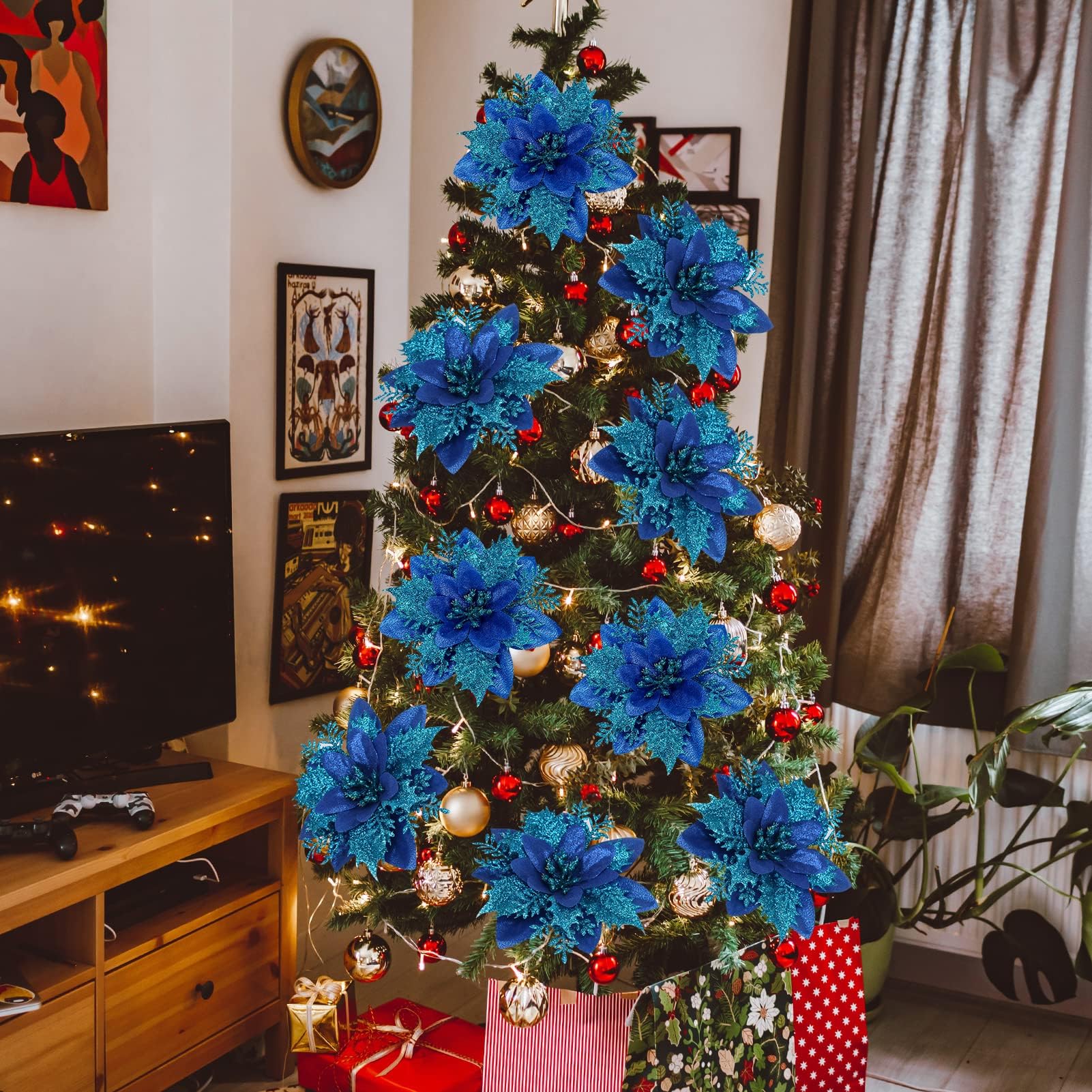 Lot de 10 décorations de Noël, fleurs artificielles scintillantes avec clips, décorations pour sapin de Noël, pendentifs de fleurs artificielles - 6
