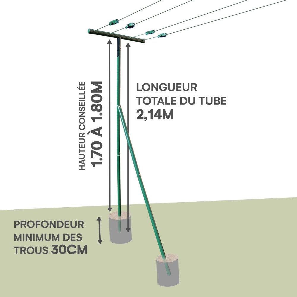 Etendoir à linge extérieur de jardin - longueur max 6m entre poteaux - Acier laqué - 30m de câbles acier - 4 tendeur - Ht 2m14 - 4