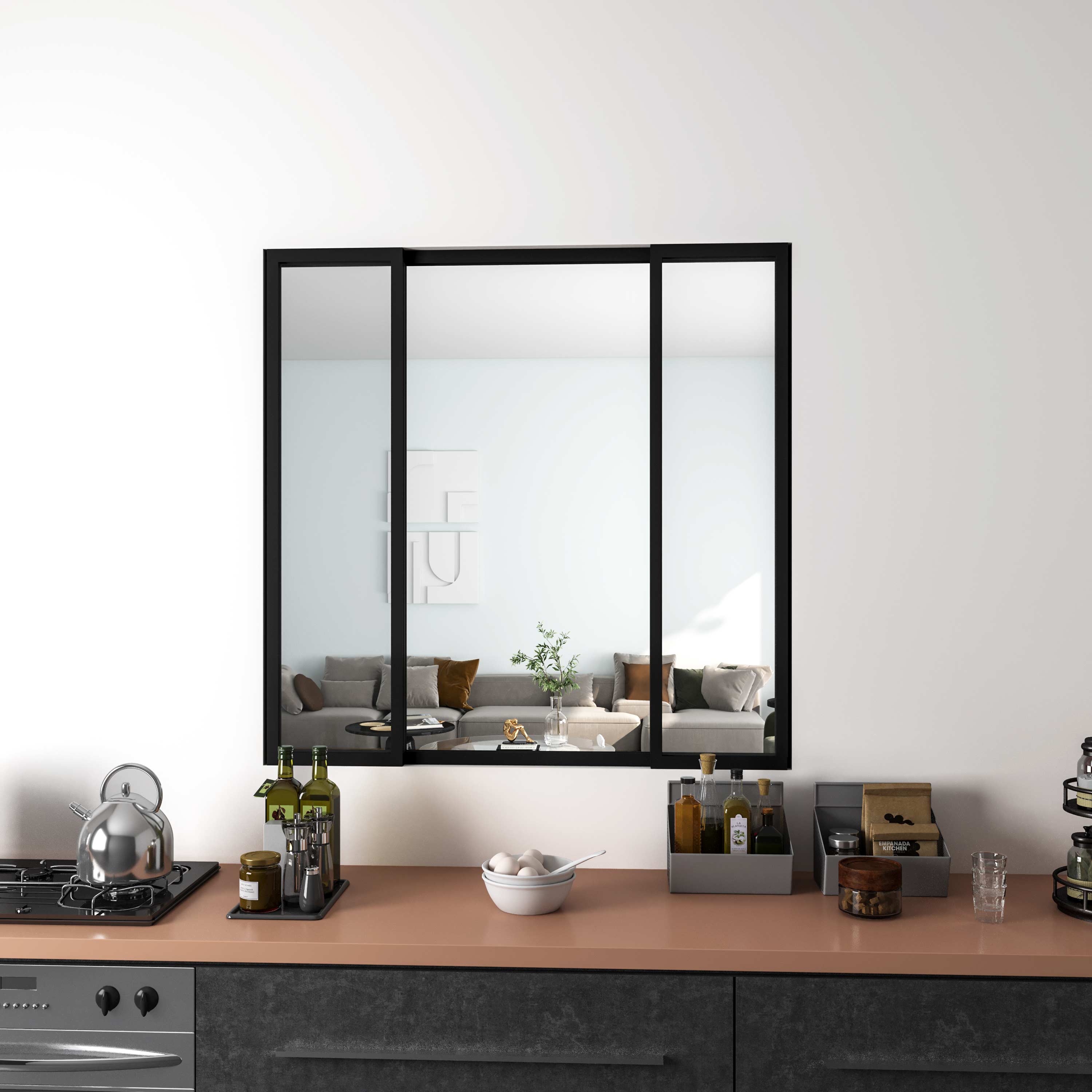 Verrière atelier coulissante en alu noir, 123 x H.108cm, 4 vitrages ( 2 fixe + 2 mobile ) clairs inclus, en kit complet - 2