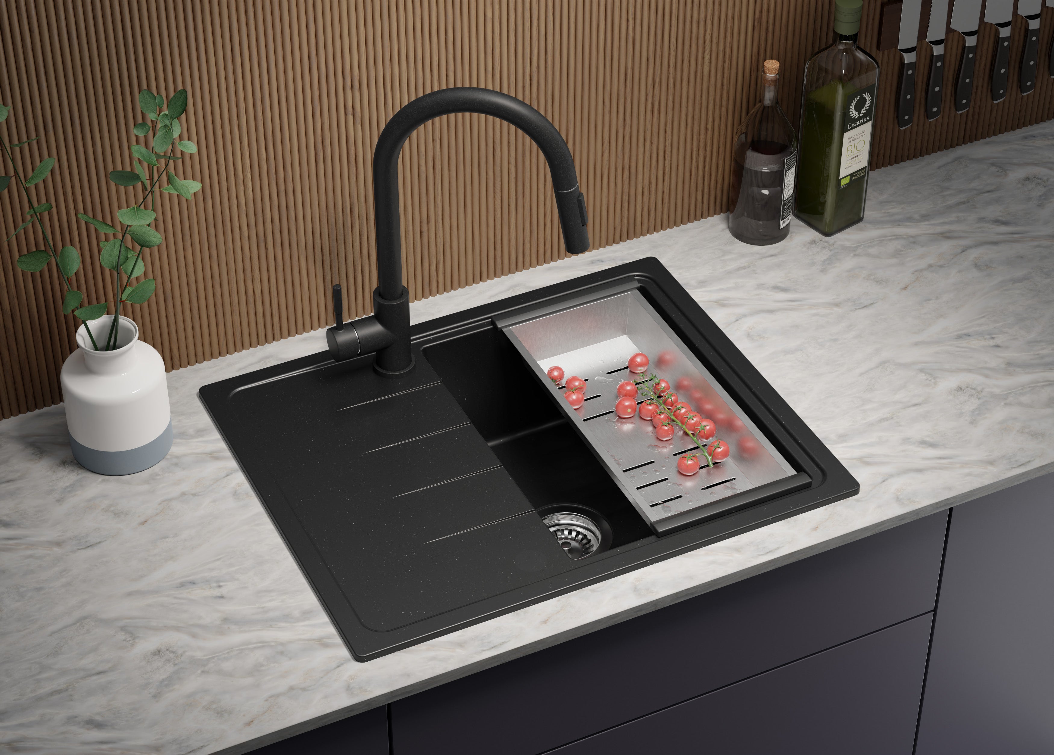 Evier Cuisine en Granit Noir Métallisé 62x50cm, Lavabo 1 bac + Kit de Vidage, Évier à Encastrer au meuble 40cm - Milan PRIMAGRAN - 3