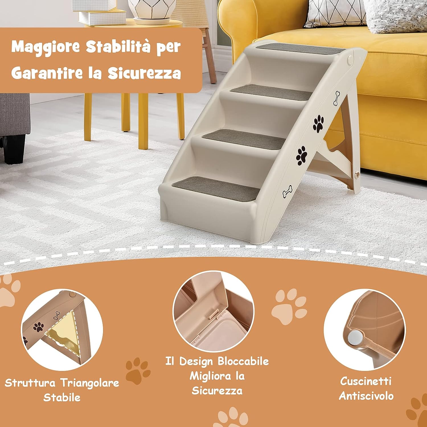Escada dobrável para cães com 4 degraus, carga máxima de 60 kg, 64 x 39 x 49 cm, cor café - 8