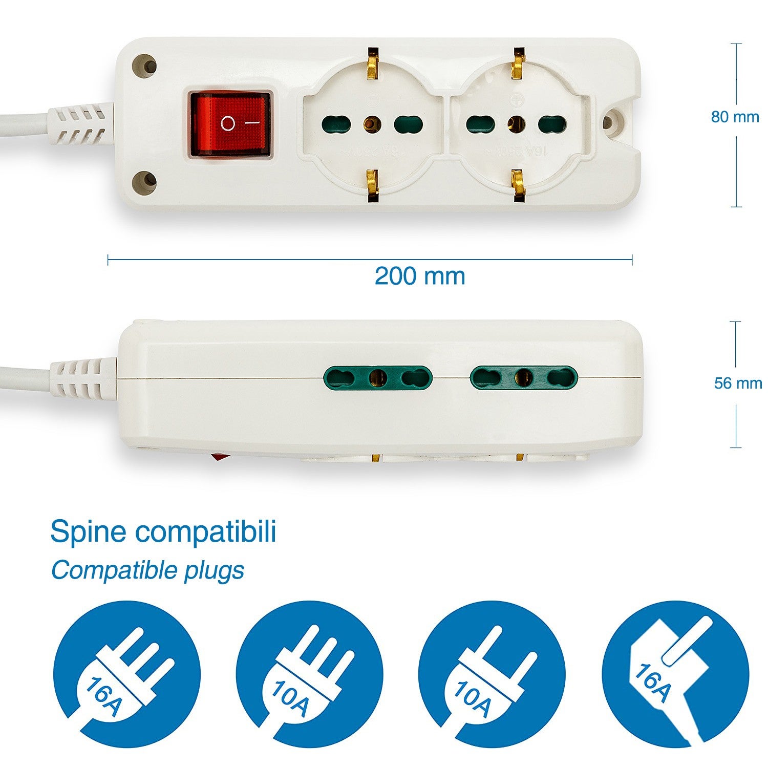Multiprise italienne 6 entrées, câble de 1,5 m et interrupteur lumineux - 8