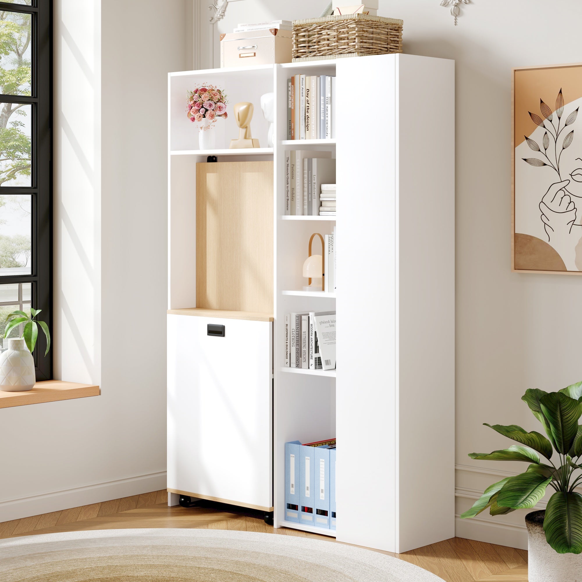 Bureau pliable avec Bibliothèque - 139 x 50 x 71 cm + 104.5 x 30.5 x 160 cm - MDF - Prises de charge et USB - Etagères réglables - Blanc - 2