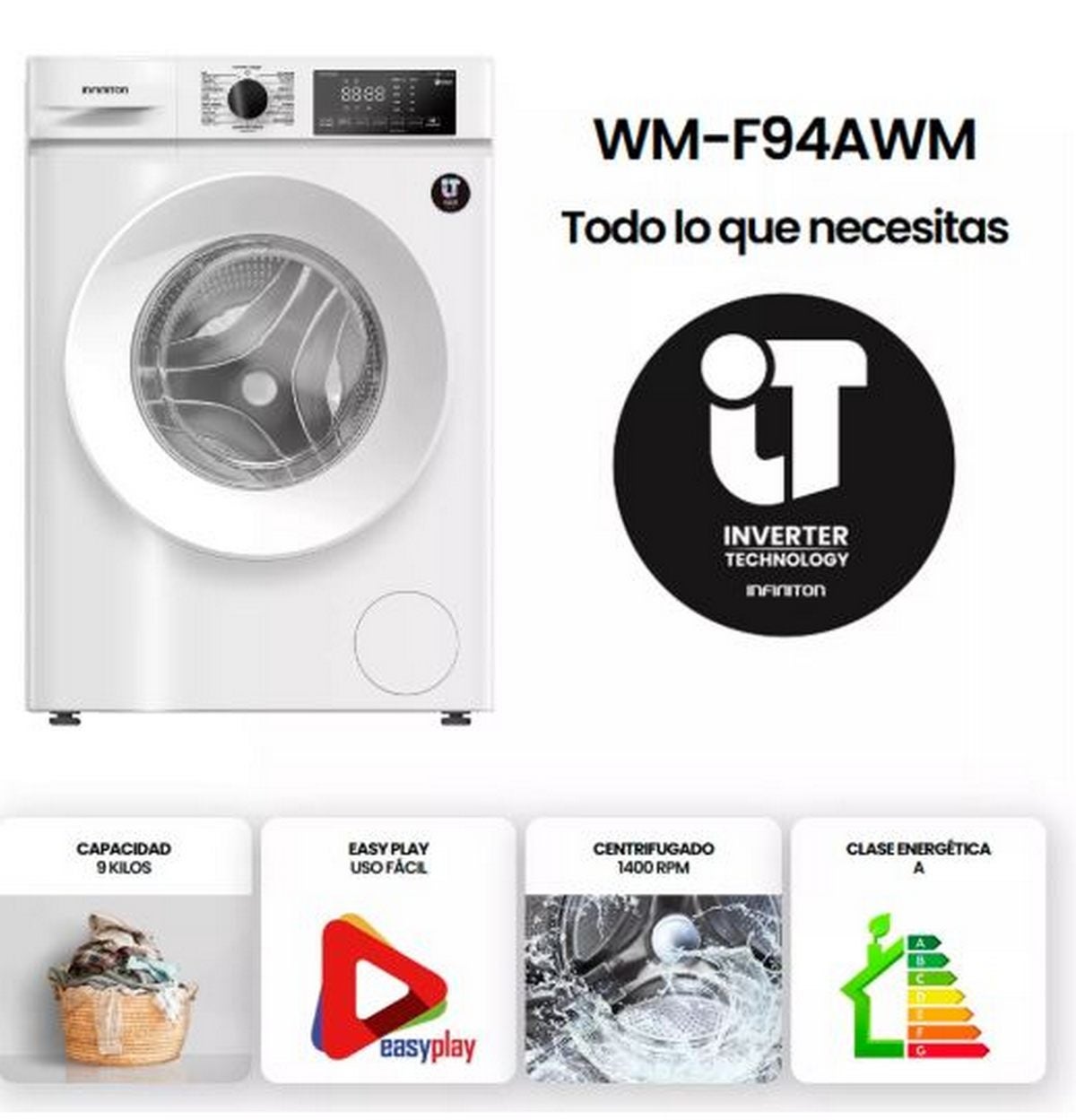 Máquina de Lavar Roupa de Carga Frontal Infiniton WM-F104AWH, 10 kg, 1400 rpm, 15 programas, Classe A, Branco - 4