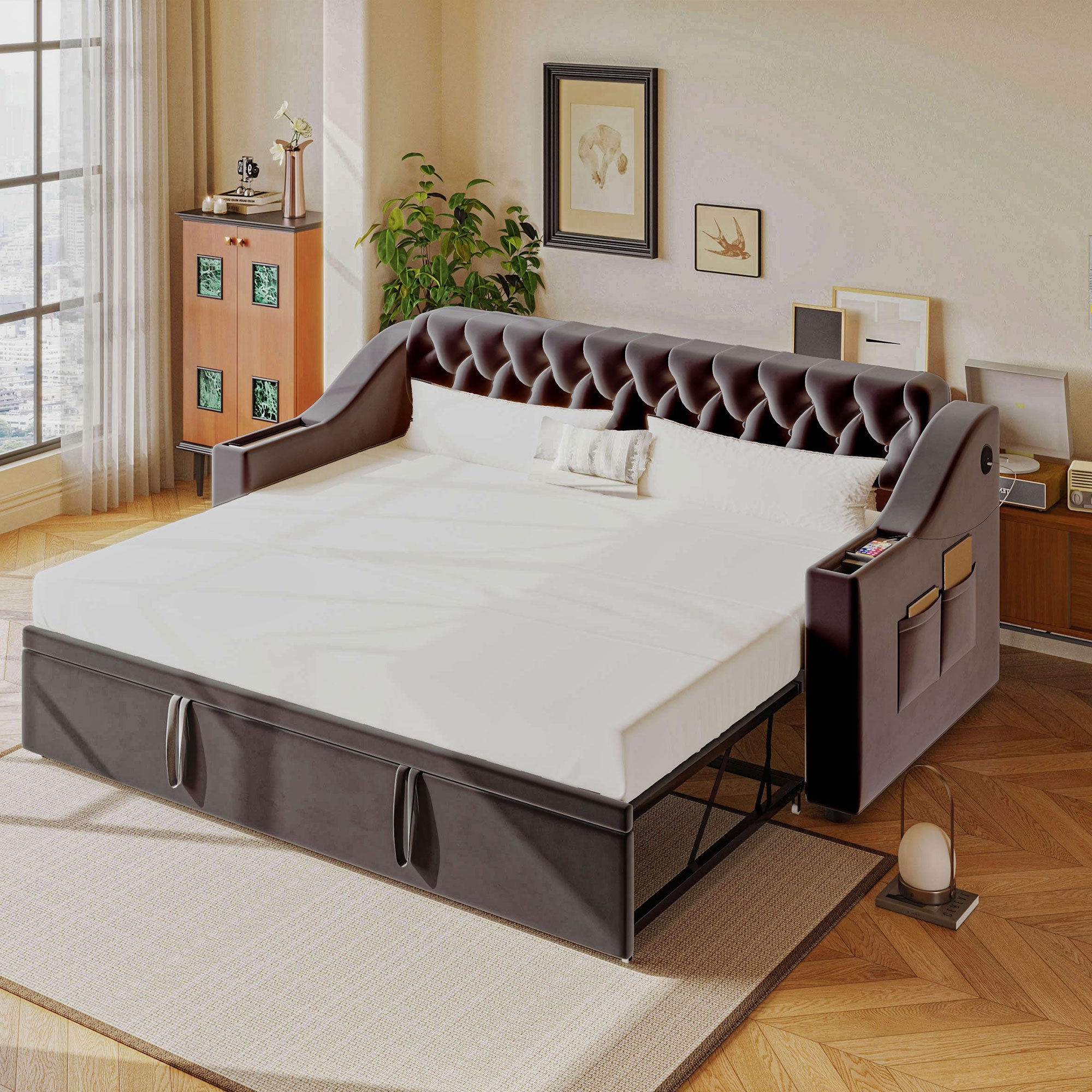 Łóżko wysuwane 90/180 x 190 cm z portami USB i kieszeniami do przechowywania, Sofa rozkładana - Aksamit - Ciemnoszary (Bez materaca)