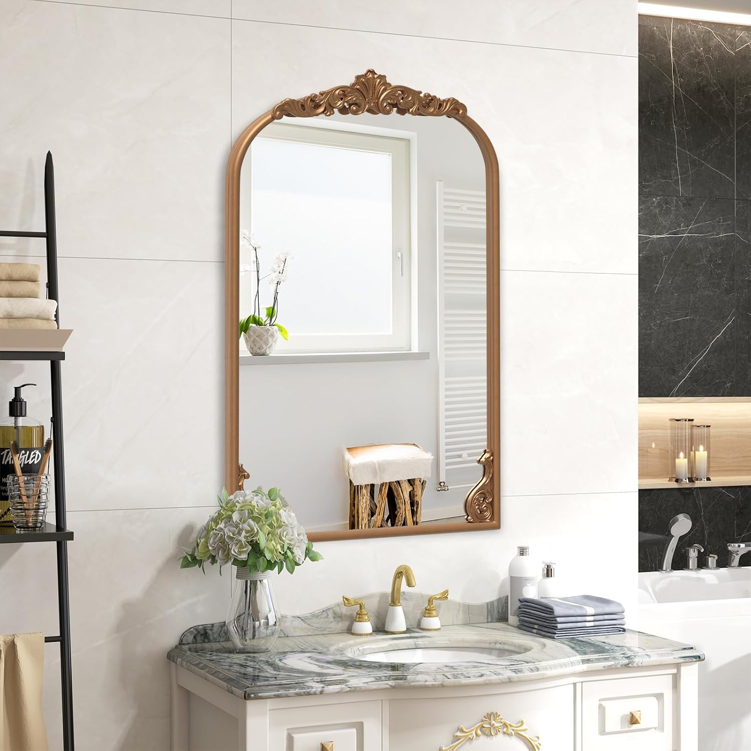 Miroir Mural Doré Vintage, Miroir Arqué Décoratif avec Cadre Baroque Orné, Métal Robuste, Décoration Murale pour Entrée, Salon, Couloir (61x90 cm) - 3