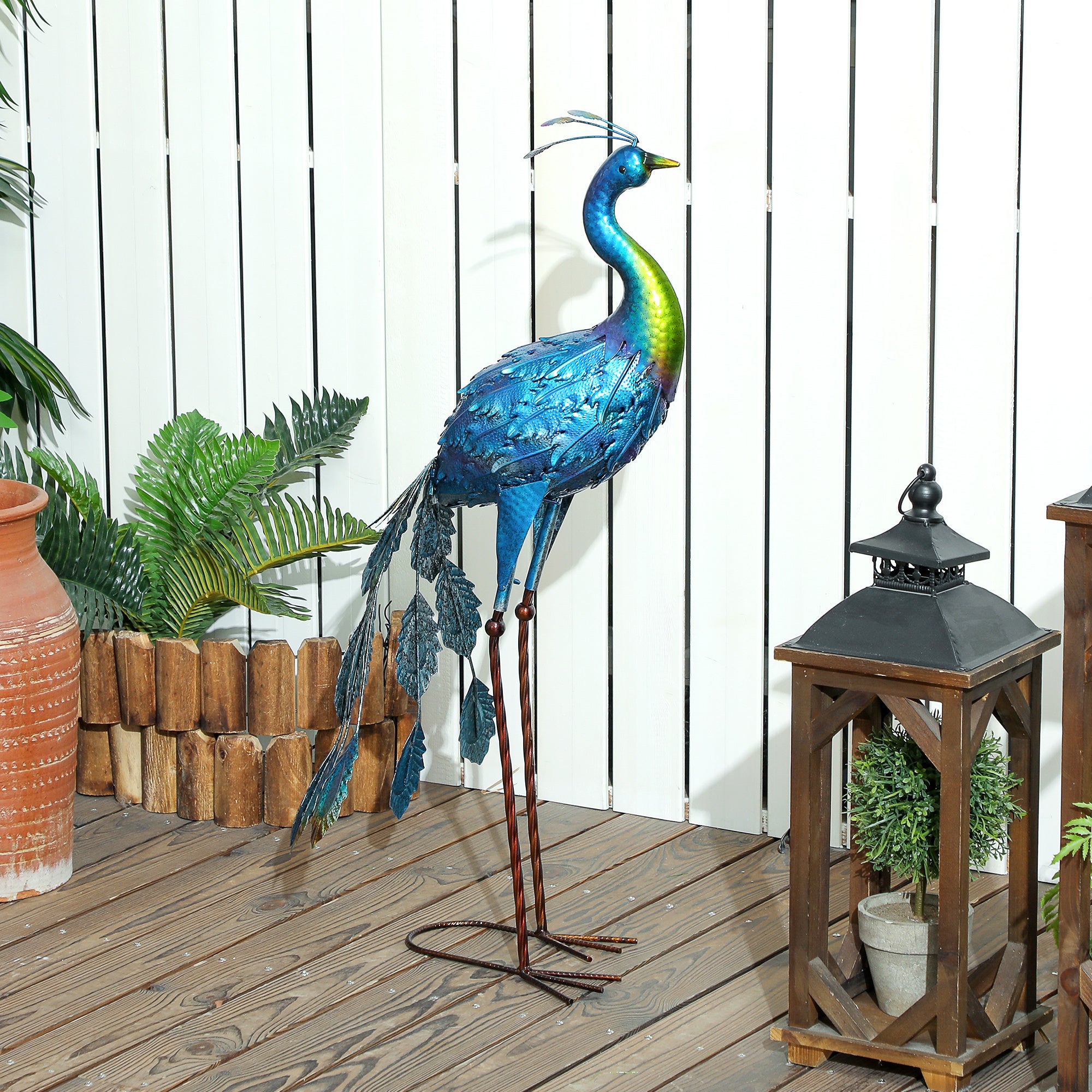 Statue de jardin - Outsunny - paon - résister aux éléments - pour jardins, porches, terrasses - en métal - 83H cm - multicolore - 2