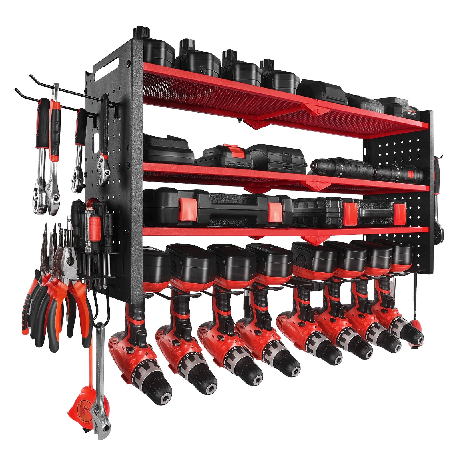 Organiseur mural outils électriques VEVOR, acier, 4 niveaux, 8 supports perceuse, panneaux perforés latéraux, étagère garage/atelier - 9