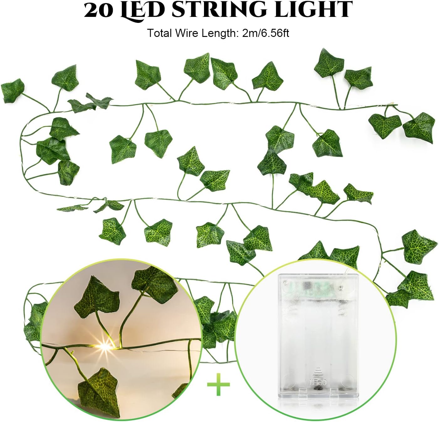 Guirlande lumineuse à feuilles, guirlande lumineuse de lierre de 2 m, vignes de lierre artificielles à feuilles vertes avec 20 lumières LED, décoratio - 2
