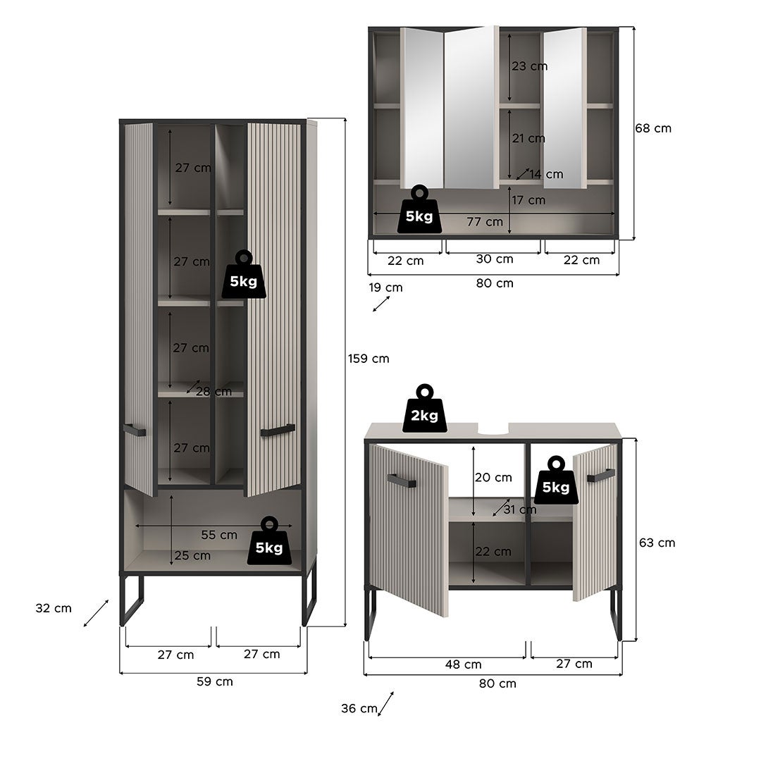 Bagno zestaw mebli łazienkowych 3 elementy jasnoszary, kremowy. - 4