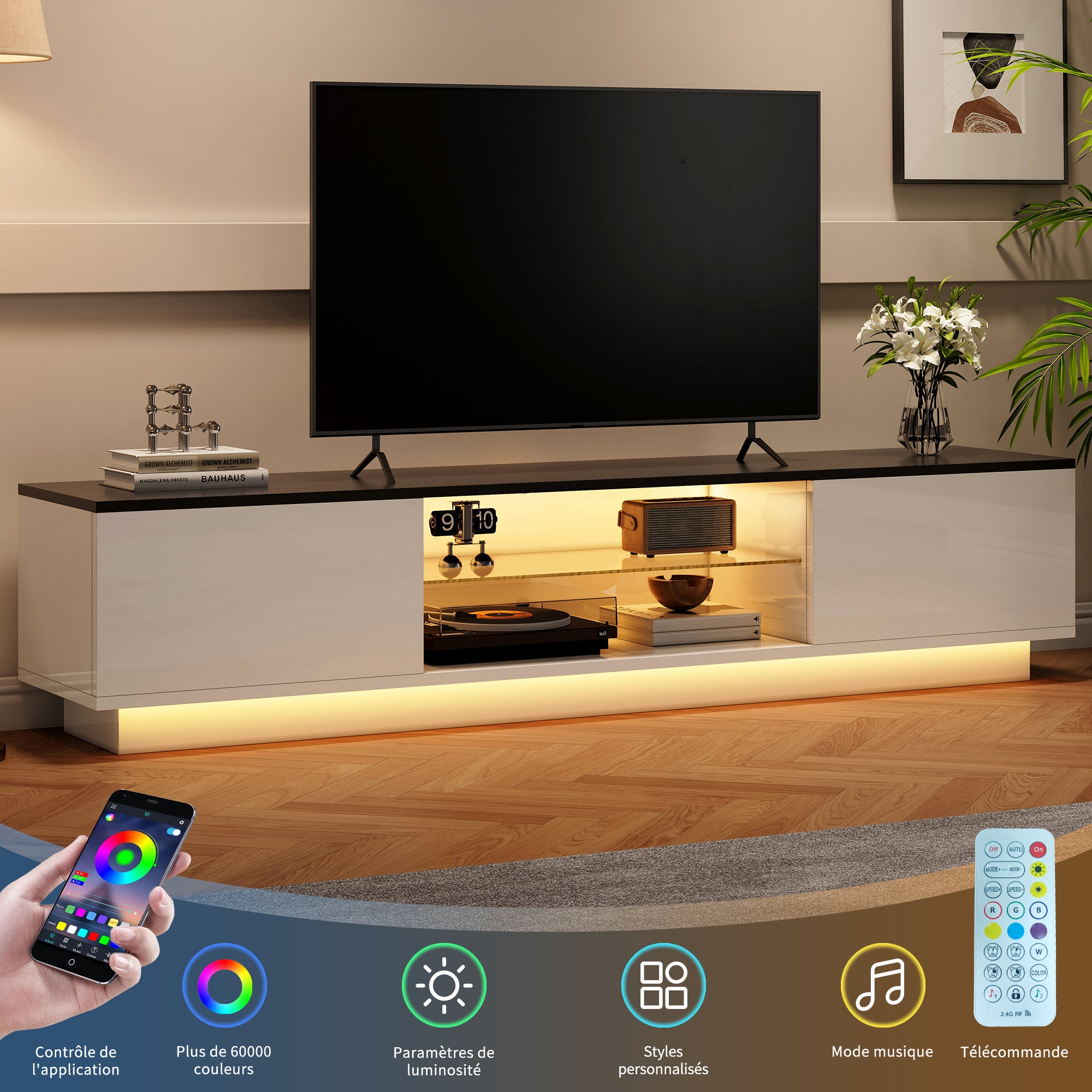 Meuble TV Blanc,Meuble TV Bois avec 2 Portes de Rangement et Étagères en Verre Intégrées,Meuble TV Led,TV Meuble Moderne,130x32x35cm,Blanc - 3