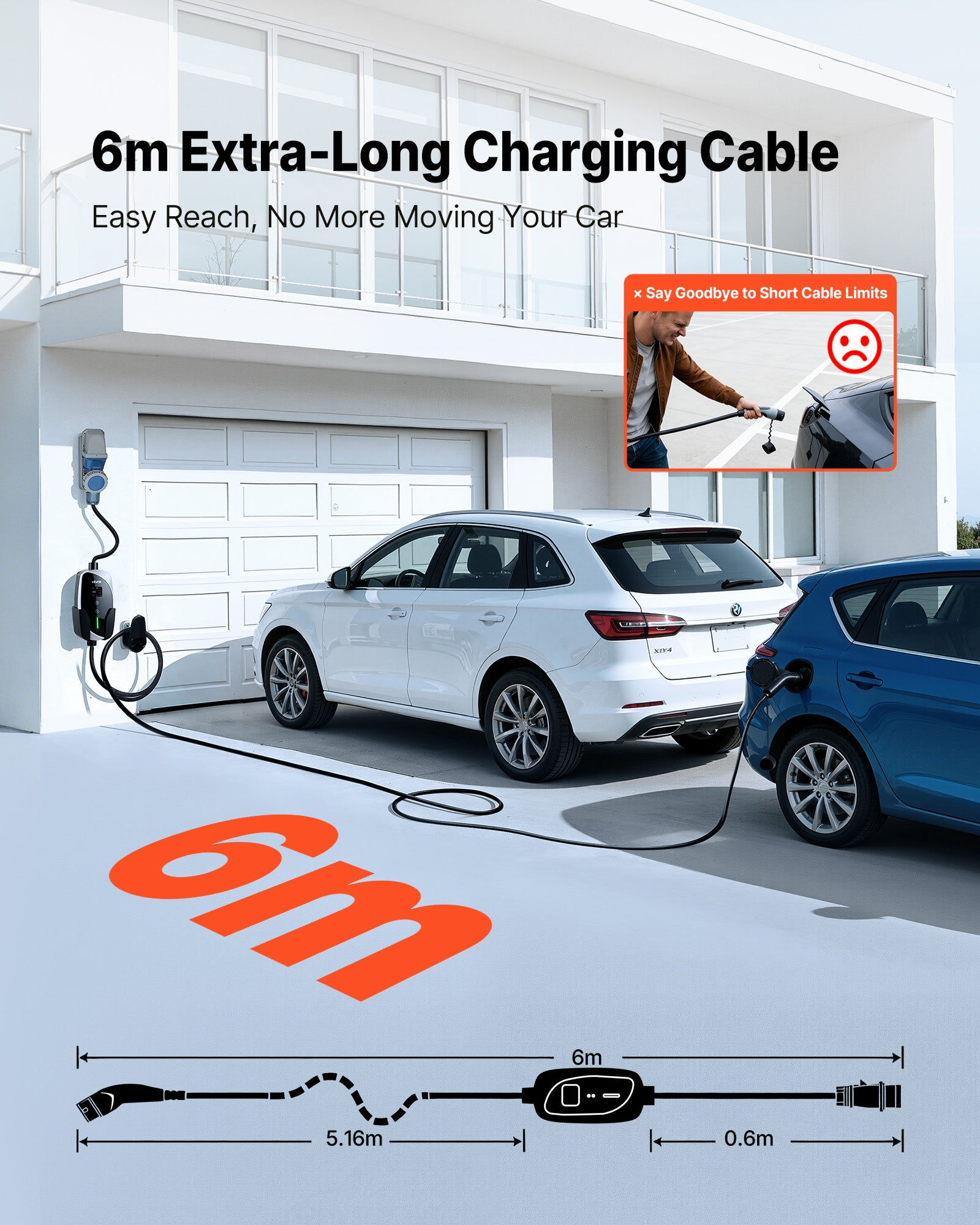 Carregador automóvel elétrico VEVOR 7,4 kW 32 A Estação móvel carregamento veículos elétricos, cabo carregamento tipo 2 6 m, ficha CEE monofásica 32 A - 6
