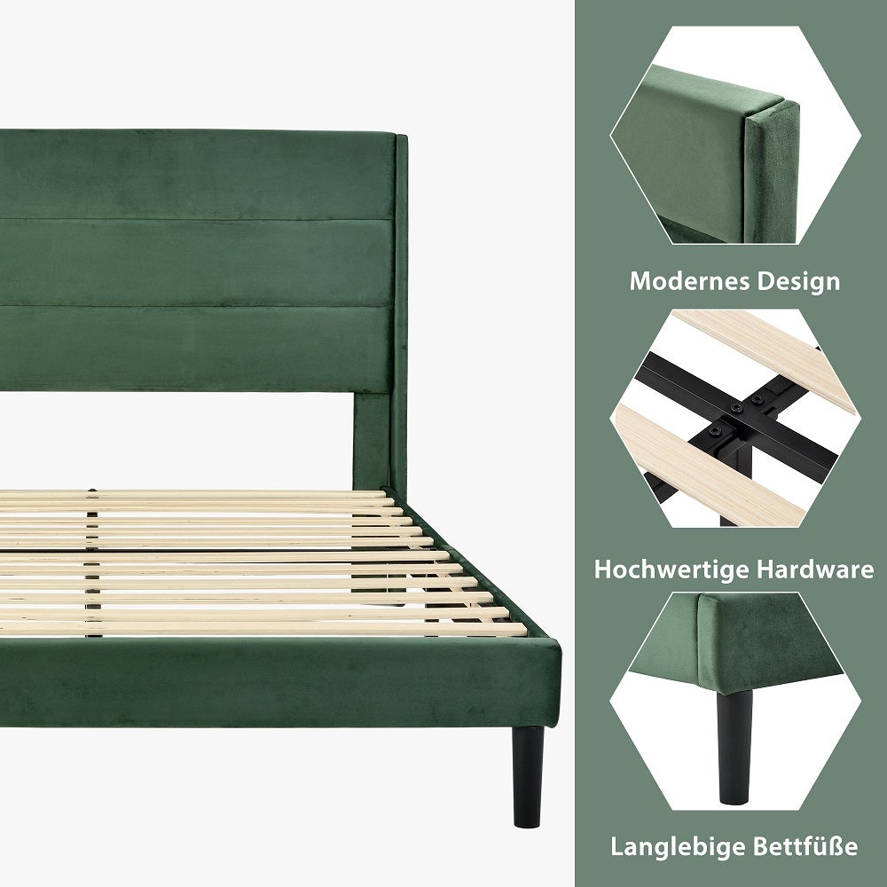 Lit adulte Lit simple capitonné en velours 140 x 200 cm - avec sommier à lattes et tête de lit, lit adulte style scandinave - Vert Lit rembourré - 5