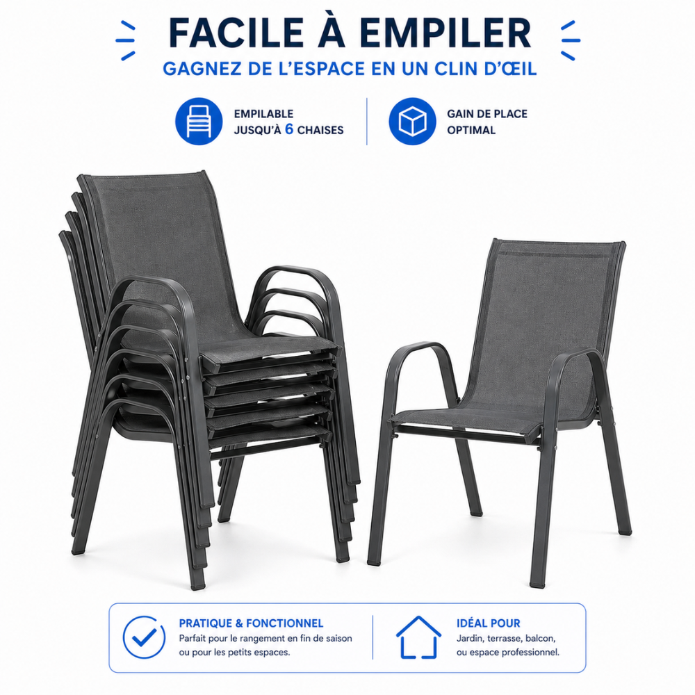 Chaise de jardin sans coussin Chaises de jardin empilables textilène x6 Unité Gris en Textilène Gris - 4