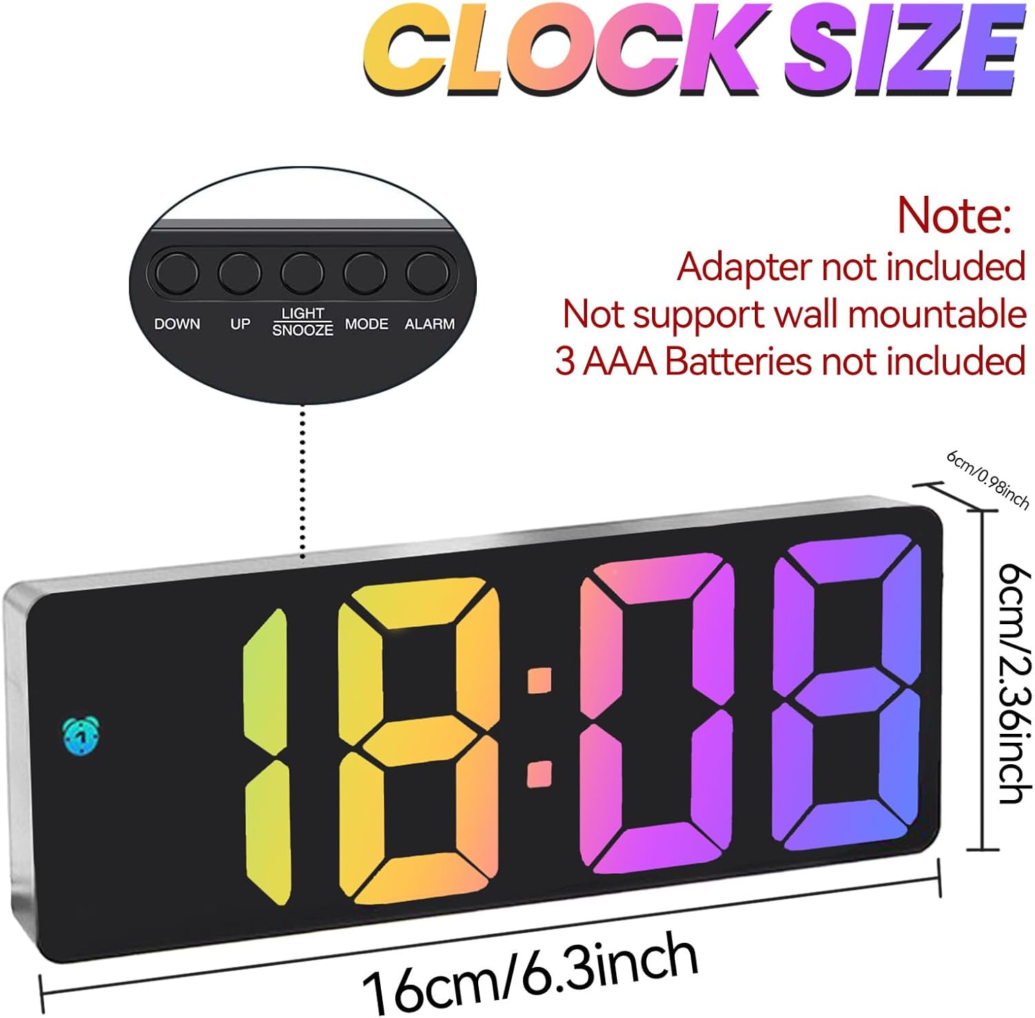 Réveil numérique, réveil de chevet avec grand écran LED, alimentation USB/piles, affichage de la température, date, fonction snooze, 3 niveaux de lu - 2