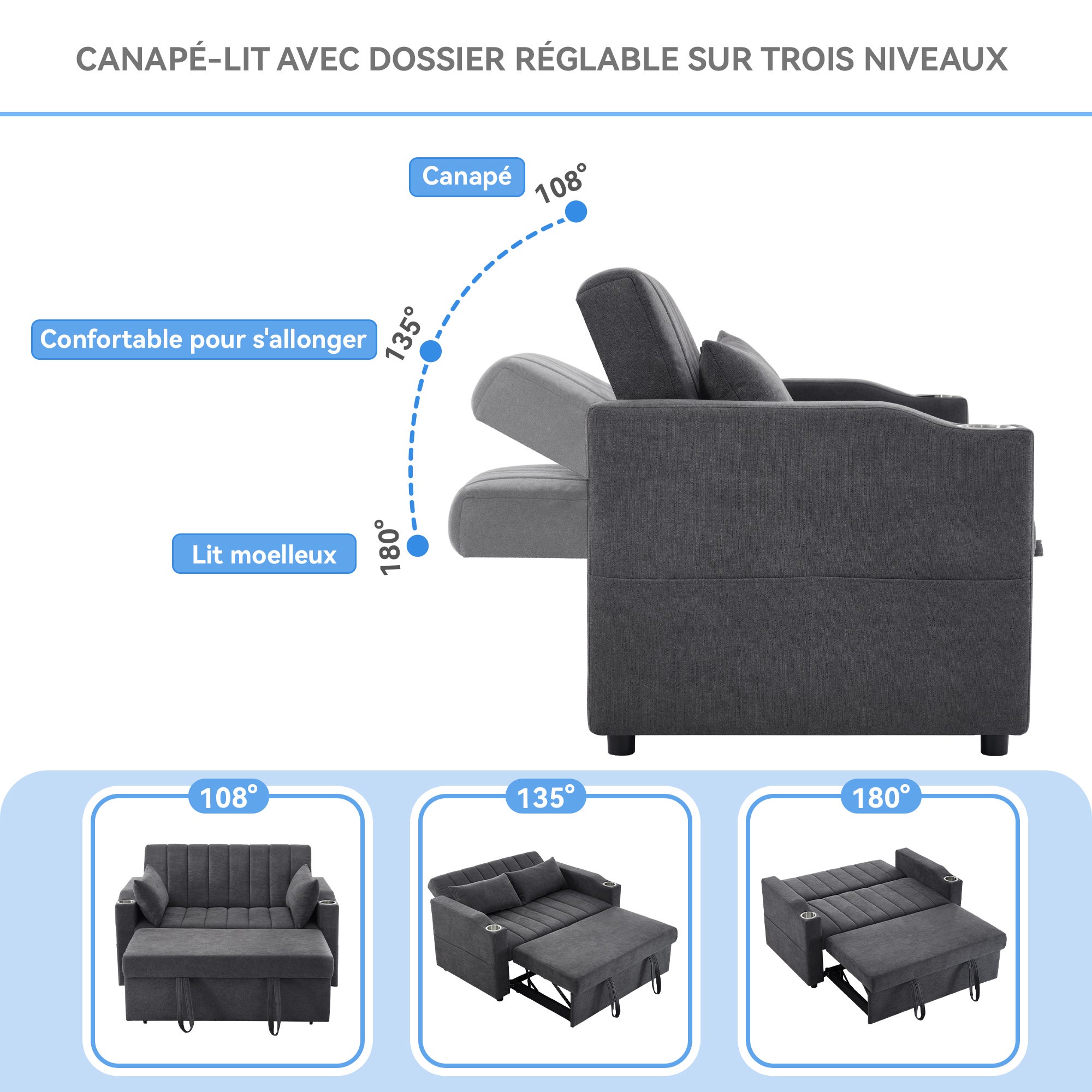 Canapé moderne 2 places avec porte-gobelets et coussins - Beige - 5