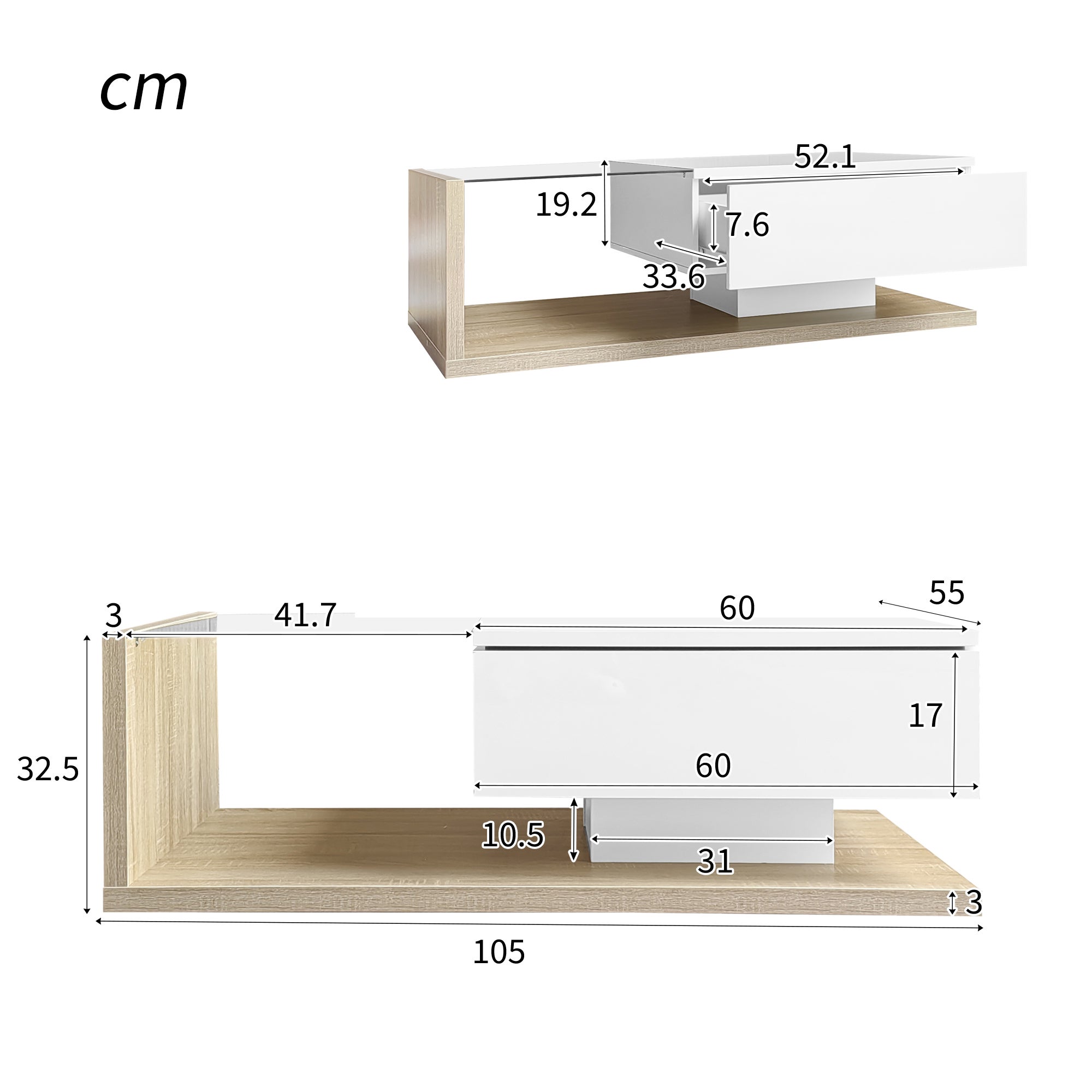 Table basse avec un tiroir et étagères - LEDs - 105x55x32,5cm - Panneaux de particules - Blanc brillant et bois - 9