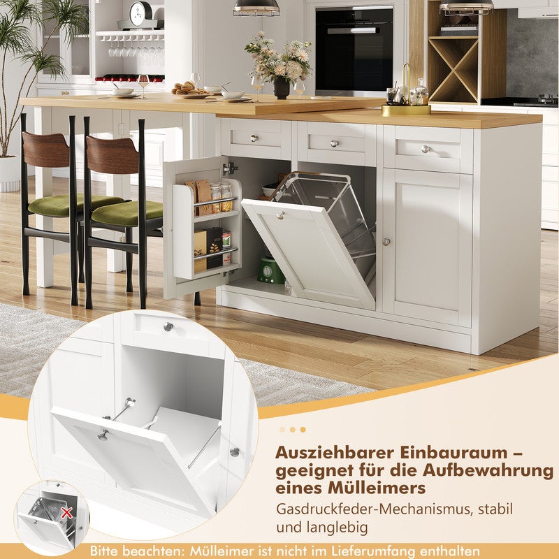 Îlot de cuisine moderne,Table de bar cuisine escamotable,avec Support à poubelle extractible,Table à manger avec tiroir et porte-snack, Blanc - 7