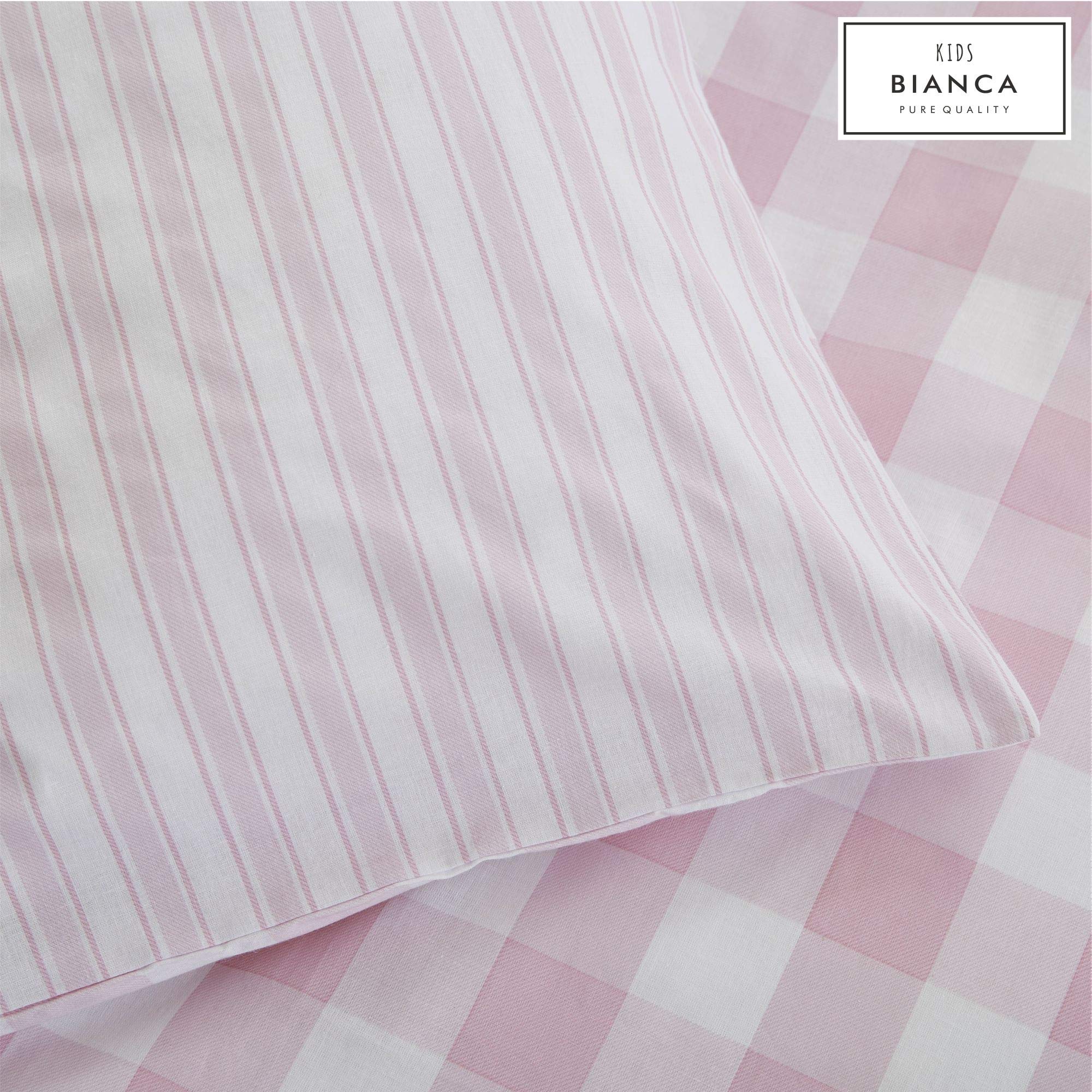 Set Copripiumino Matrimoniale Cotone - Motivo Quadri E Strisce, Rosa E Bianco, Con 2 Federe