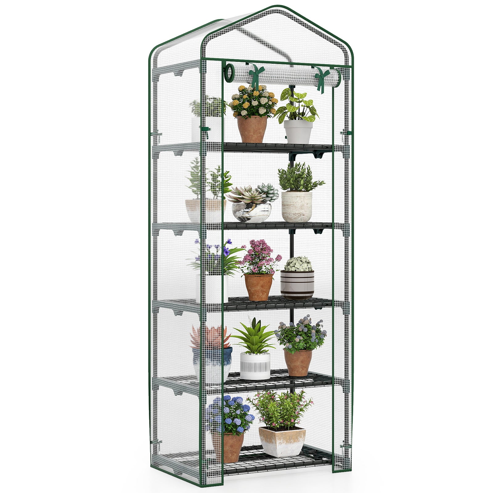 Sere de grădină cu 5 rafturi, mini seră de exterior cu husă PE, ușă rulabilă, cadru metalic acoperire electrochimică antirugină, 69 x 48 x 190 cm
