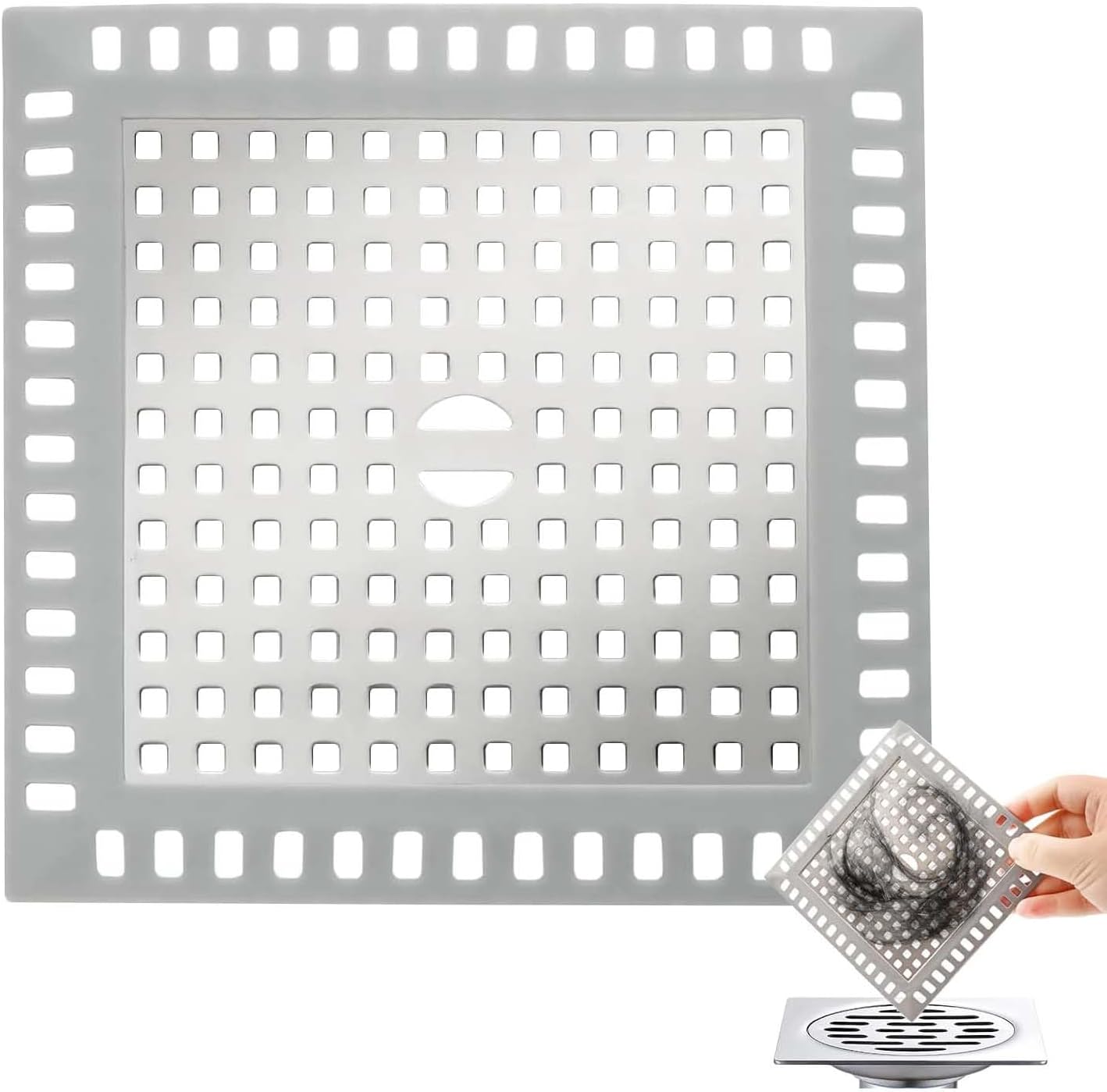 Łapacz włosów pod prysznic - Kwadratowy łapacz włosów pod prysznic - 12,2 x 12,2 cm - do łazienki i kuchni - srebrny