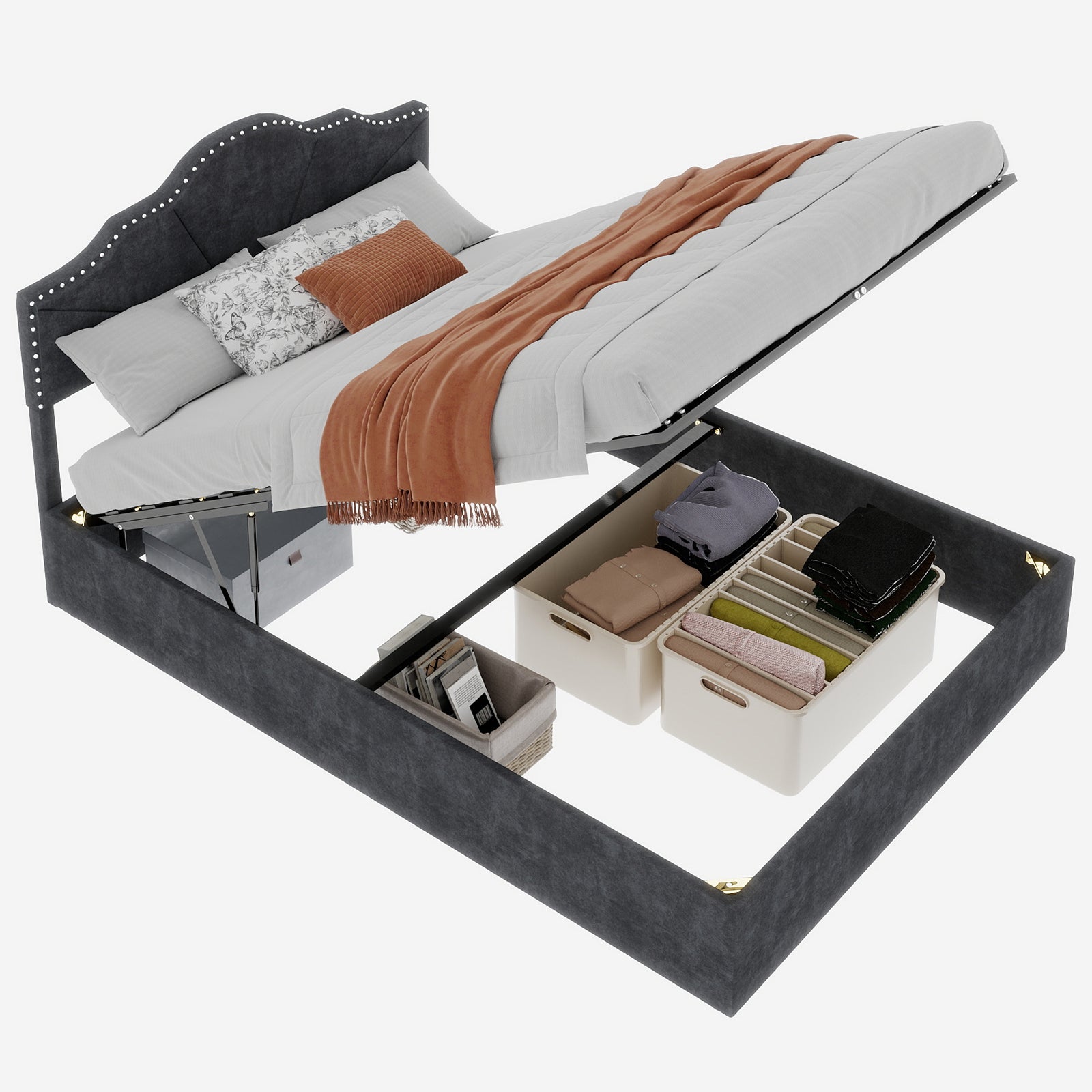 Letto contenitore matrimoniale 160x200 cm, testiera, barre di supporto gonfiabili, grigio metallo, senza materasso - 3