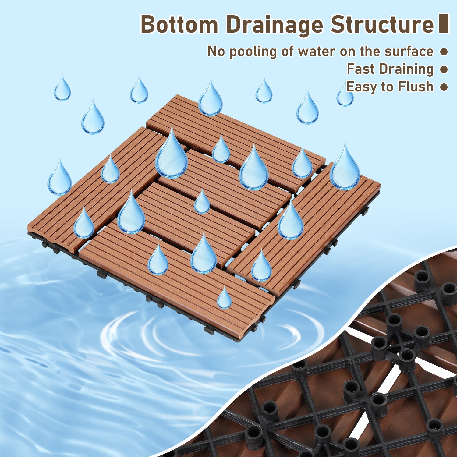 66x Dalles de terrasse en WPC pour balcon et jardin installation sans outil structure adaptée aux grandes aces Marron 30x30CM - 5