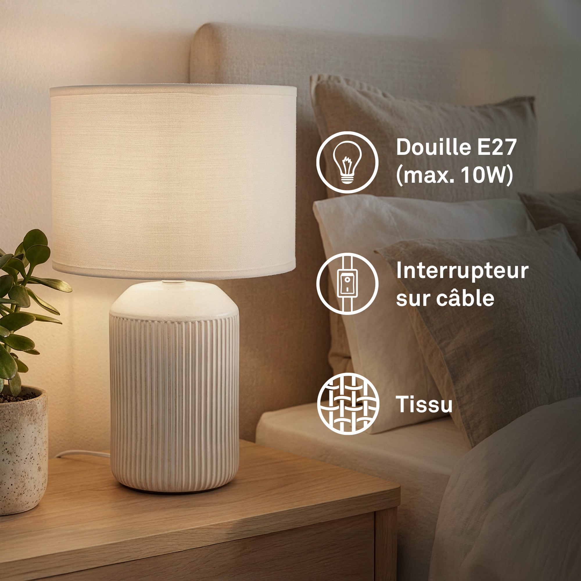 Lampe de table INO en céramique avec abat-jour tissu, blanc, câble interrupteur, IP20, Ø220x375mm, douille E27 max. 10W, sans ampoule - Briloner - 2