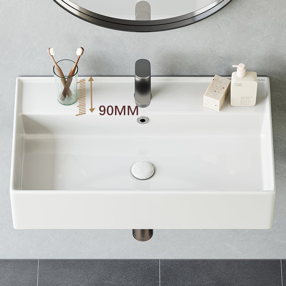 HOROW Lavatório de casa de banho retangular com design de borda fina e orifício para torneira, lavatório de hóspedes montado na parede - 6