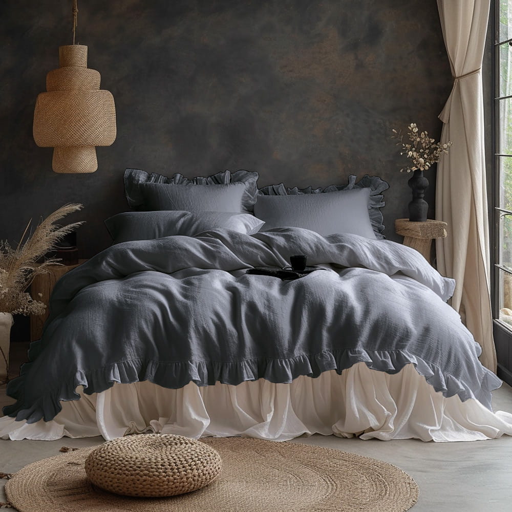 Pościel bawełniana z falbanką 160x200 Stonewashed Exclusive, Natural Grey, szara - Limasso