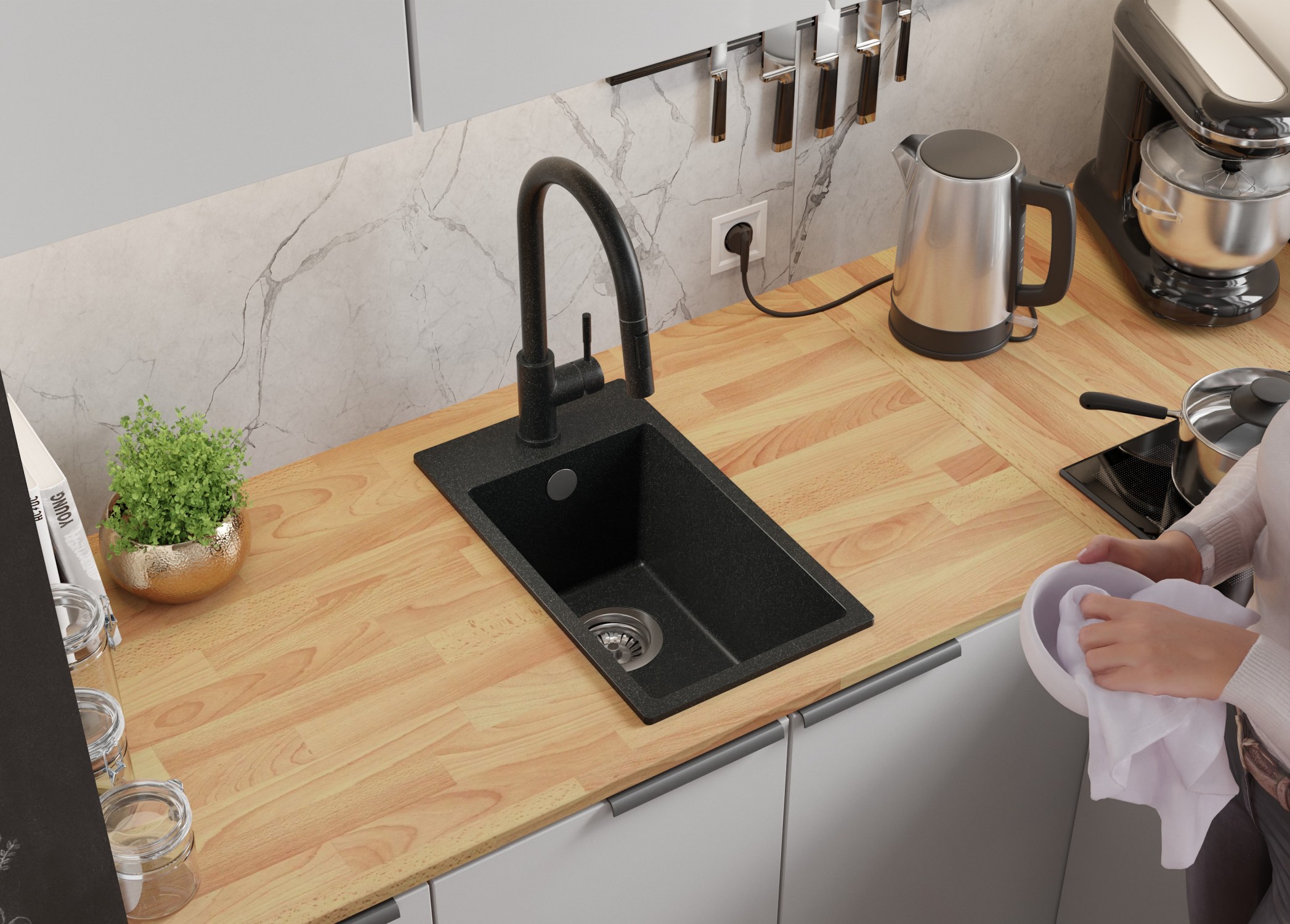 Evier Cuisine en Granit Graphite 28x50cm, Lavabo 1 bac + Kit de Vidage, Évier à Encastrer au meuble 30cm - Riga PRIMAGRAN - 3