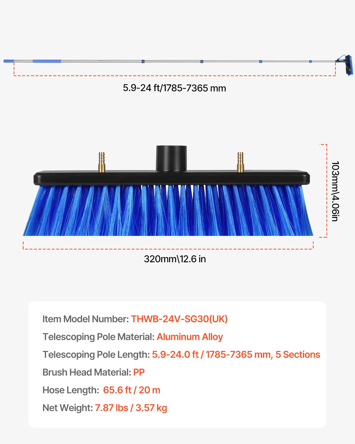 Kit perche télescopique VEVOR 7,3 m,brosse PP rotative 180°,tuyau 20 m,outil nettoyage panneaux solaires/vitres alimenté eau - 7