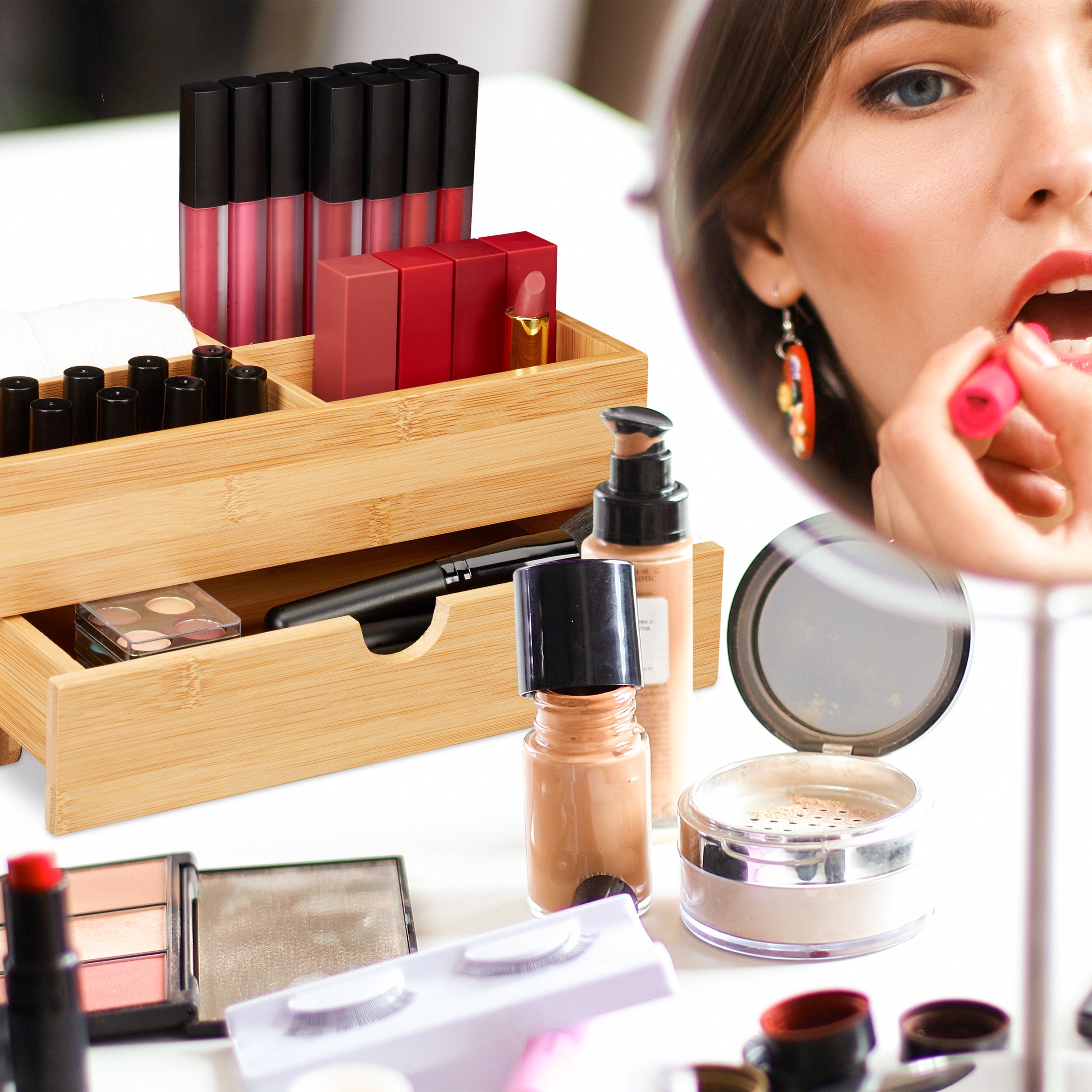 Sol-Eco Organizer Per Capelli In Bambù - Porta Asciugacapelli, Piastra E Arricciacapelli Con Supporti Termici E Cassetto