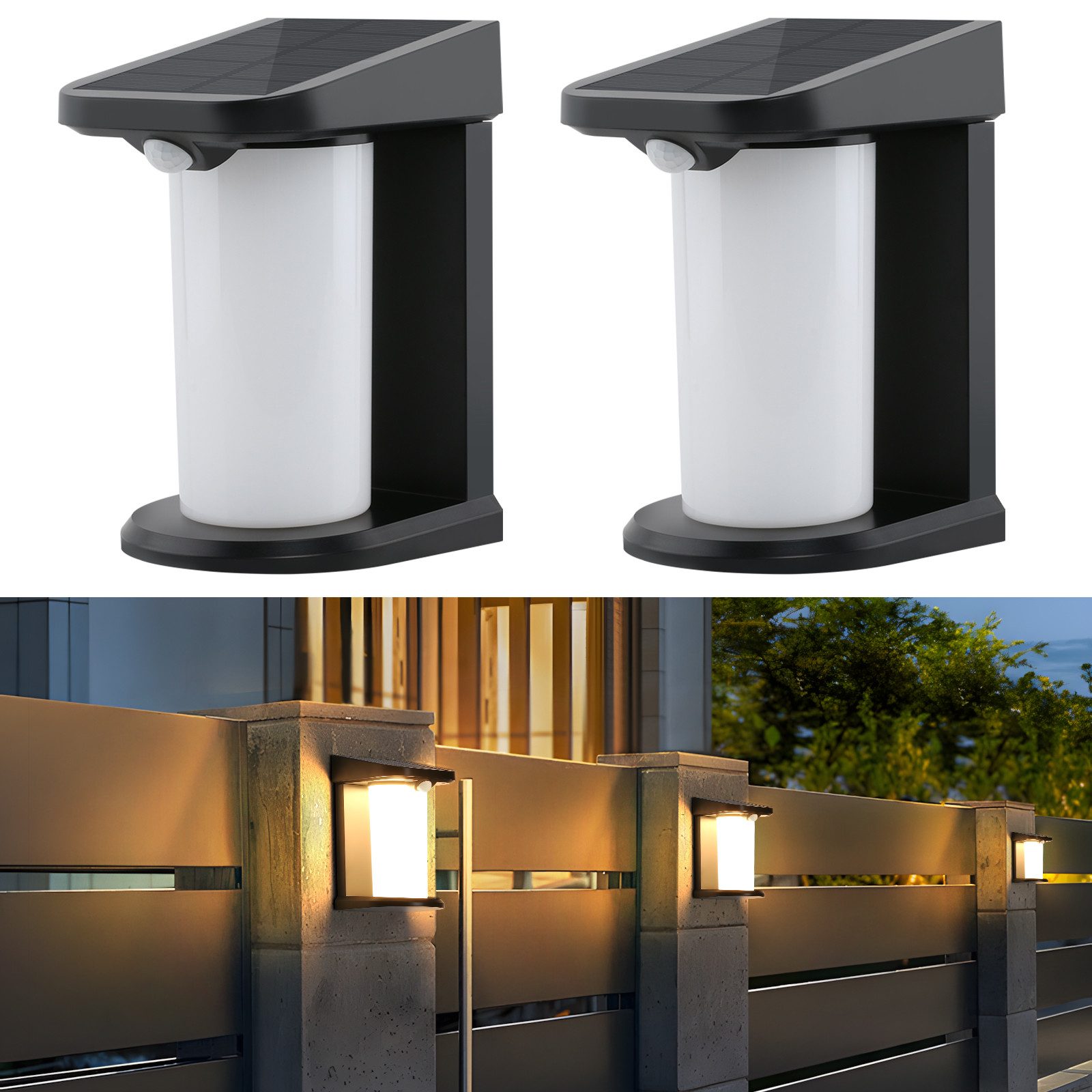 NETTLIFE Lampy solarne zewnętrzne z czujnikiem ruchu - 2 sztuki Lampy solarne ścienne 2 tryby, wodoodporne oświetlenie zewnętrzne 3000K