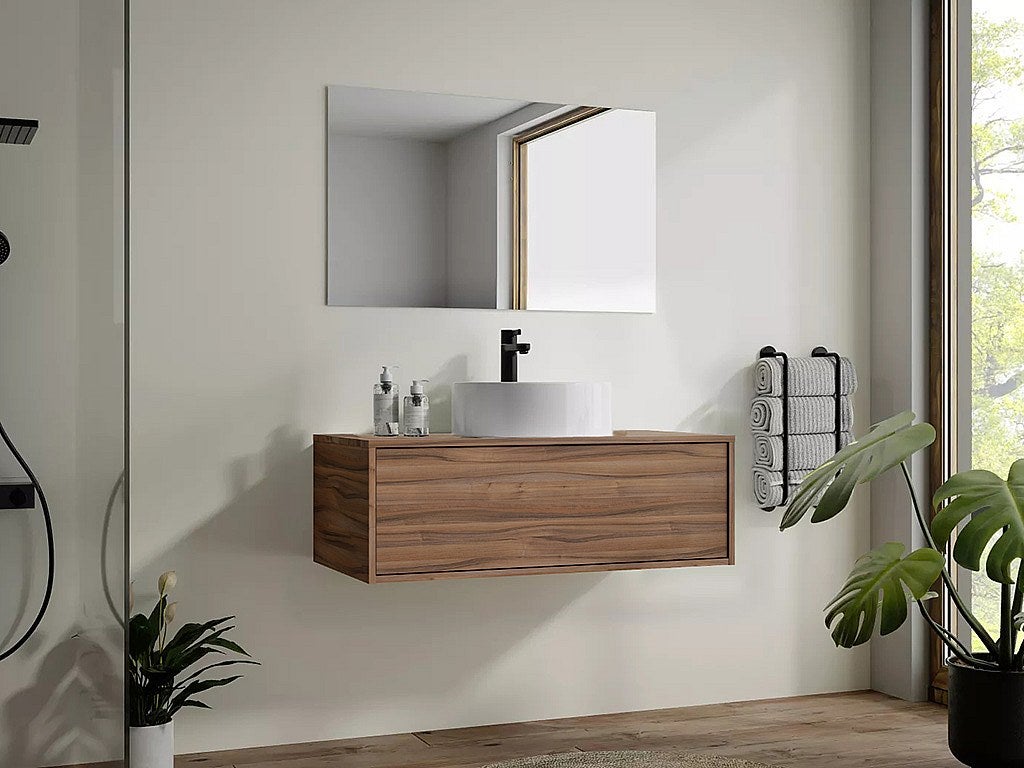 Szafka łazienkowa wisząca naturalna ciemna z okrągłą umywalką - 94 cm - TEANA II