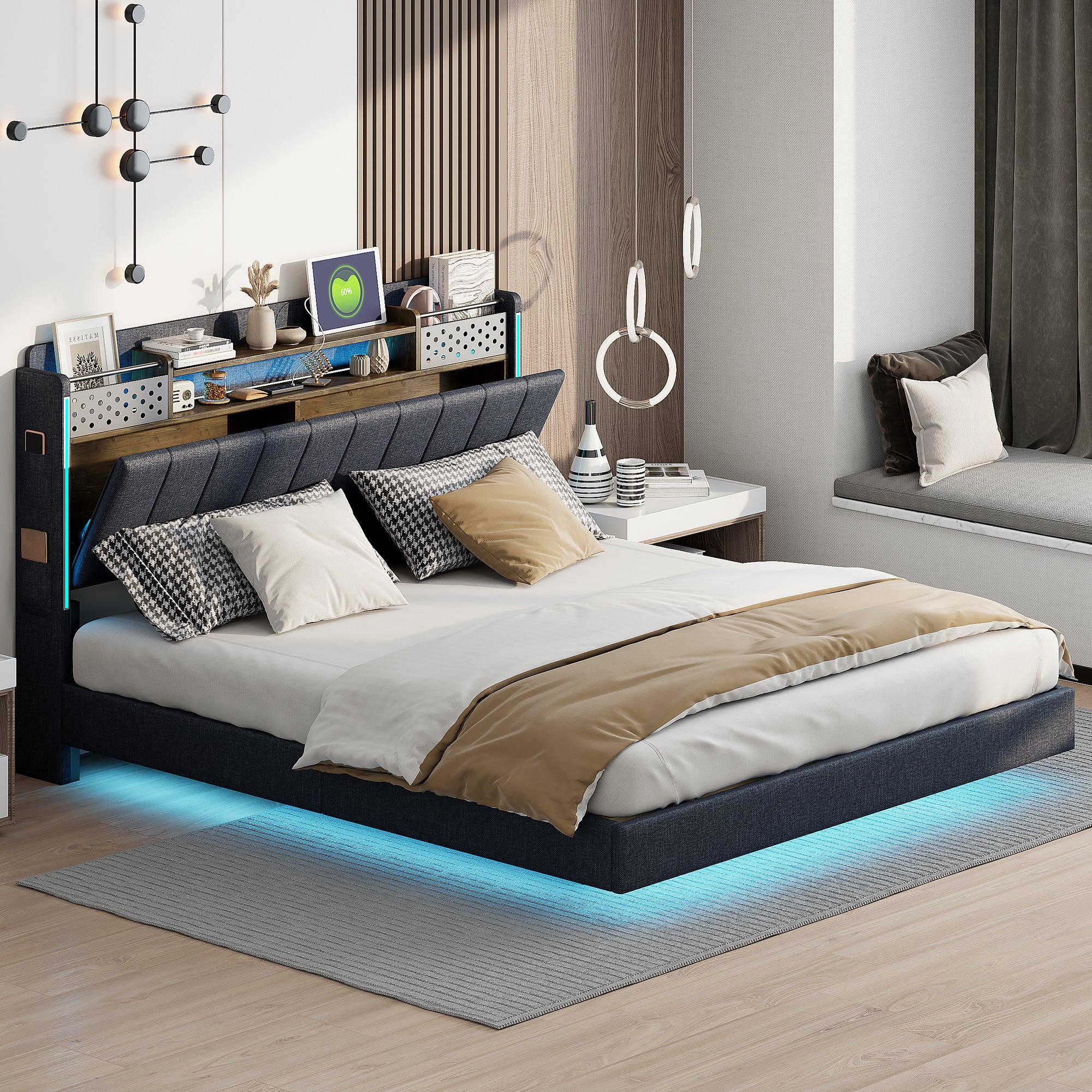 Łóżko tapicerowane 160 x 200 cm z zagłówkiem ze schowkiem - Oświetlenie LED i gniazdo USB - Tkanina lniana - Szary