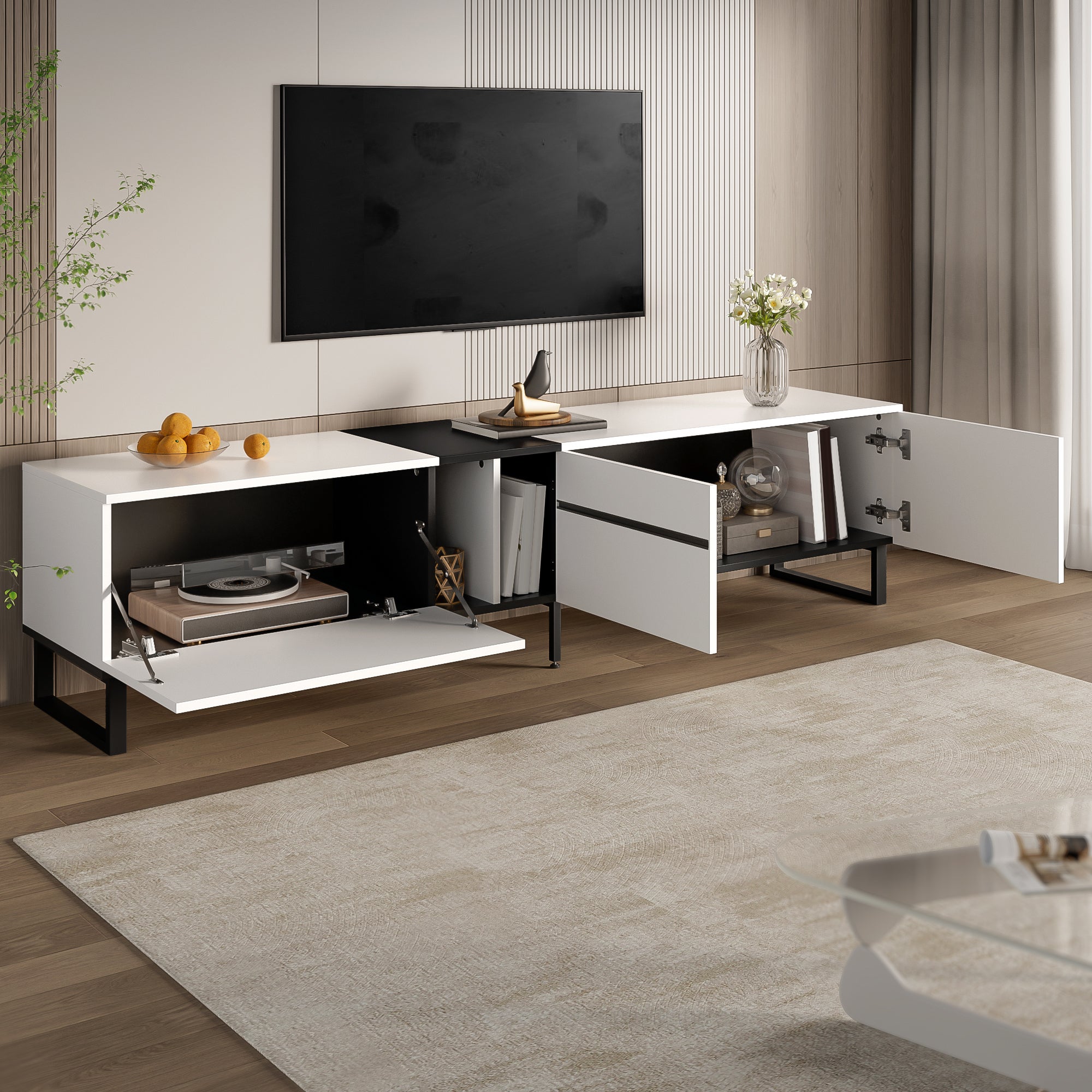 Stolik pod TV z 3 drzwiami i 2 półkami - 180 x 38 x 45 cm - Płyta wiórowa - Biały - 7