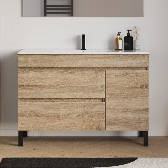 Meuble de salle de bain 120cm simple vasque sur pieds avec porte et tiroirs - sans miroir - cambrian (chêne clair) - LAZARO