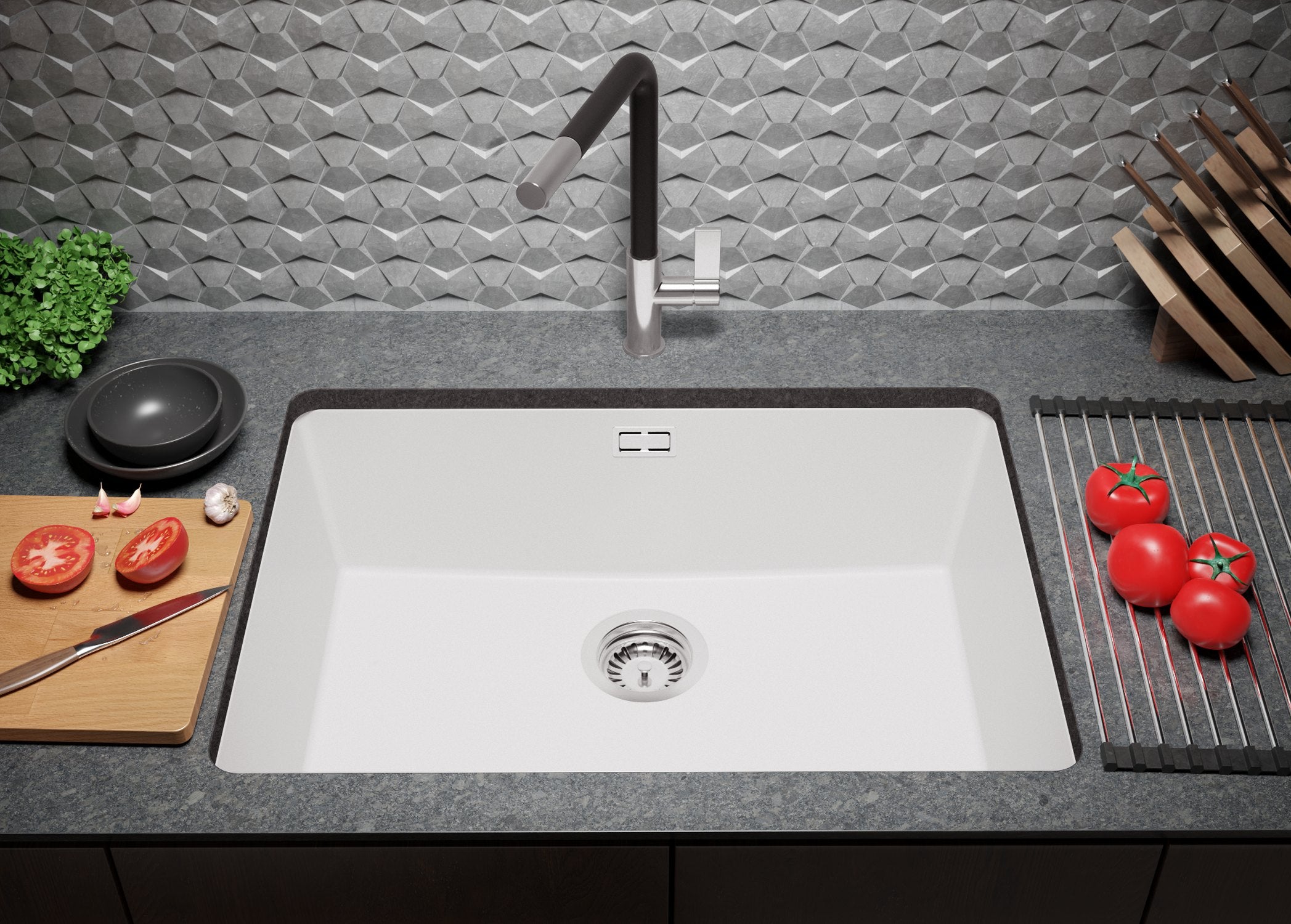 Lava-louça de encastrar Branco 66x47cm, Pia de Cozinha 1 cuba + Kit de drenagem, Pia em Granito em armários de 70cm - Londres Duplo PRIMAGRAN - 3