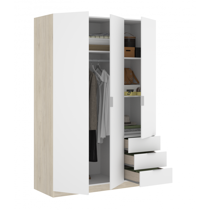 Mobelcenter – Armario Matrimonio 3 Puertas 3 Cajones – Color Blanco Artik y Roble Canadian – Ancho: 121 cm x Fondo: 52 cm x Alto: 180 cm - (0984) - 4