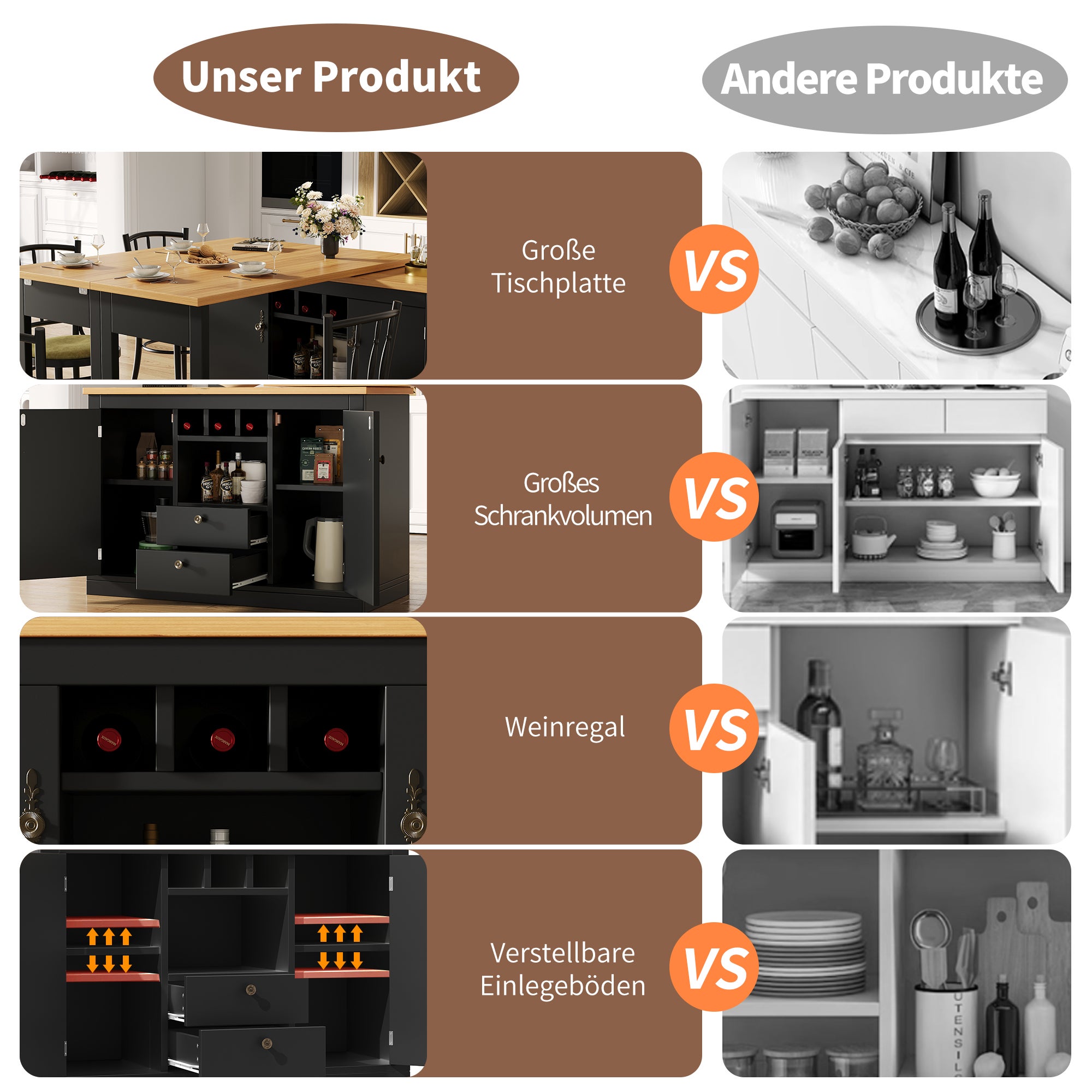 Rozkładany obrotowy stół jadalny z 2 drzwiami i 2 szufladami, wyspa kuchenna - 120-180 x 40 x 71,5 cm - MDF - Czarny + naturalny - 8