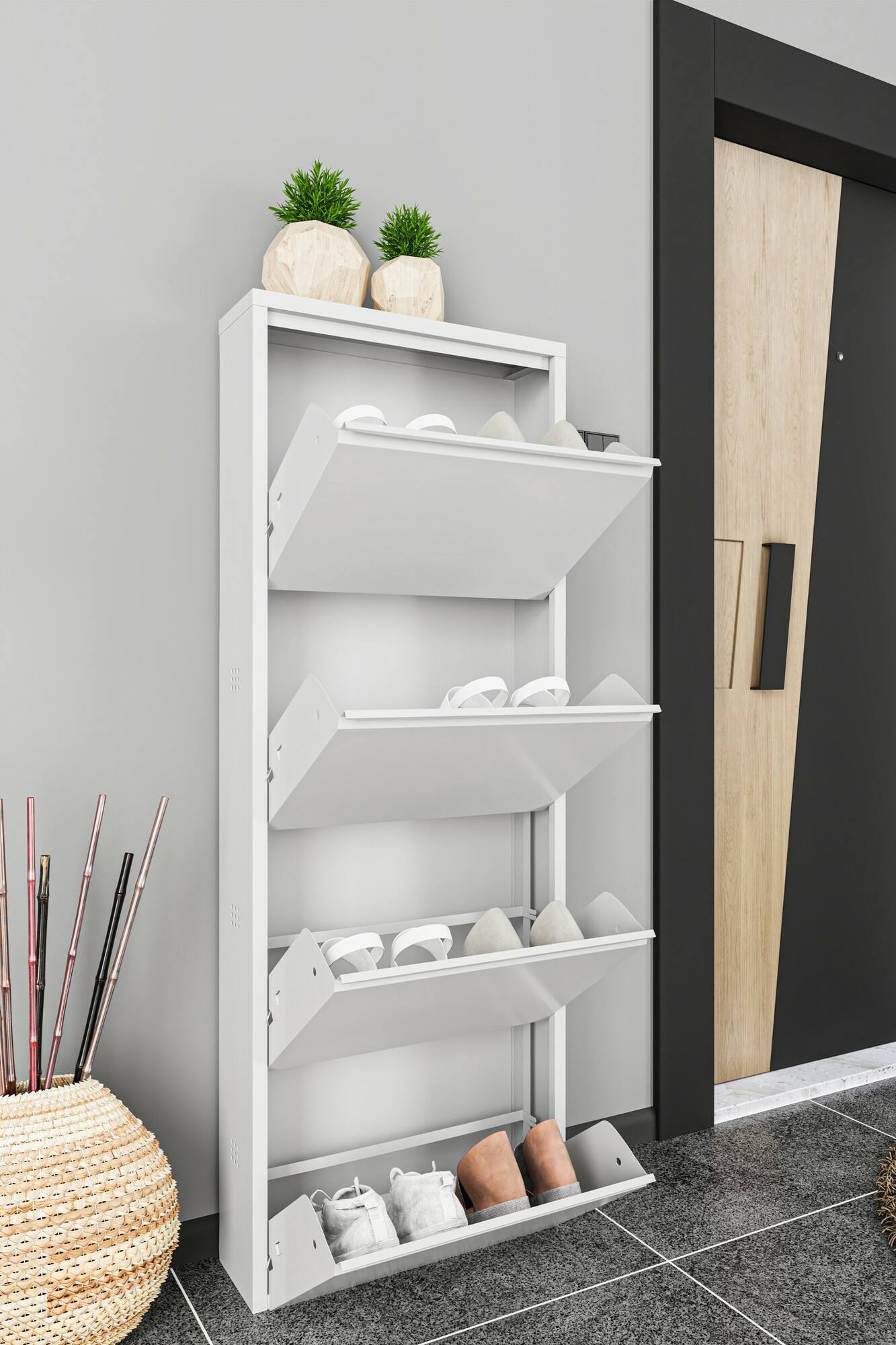 Meuble à Chaussures Étroit Pour Entrée - 120x50x17 Cm - Tiroir Rabattable En Bambou - Rangement Chaussures Pour Espaces Réduits