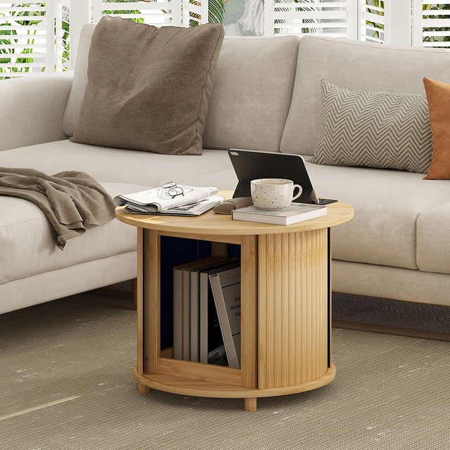 Table Basse Ronde GUNAITO à Petit Plateau Relevable sur Roulettes avec Rangement, Table Centrale Moderne Style Ferme avec Tablette Petite Table Ronde pour Salon, Blanc