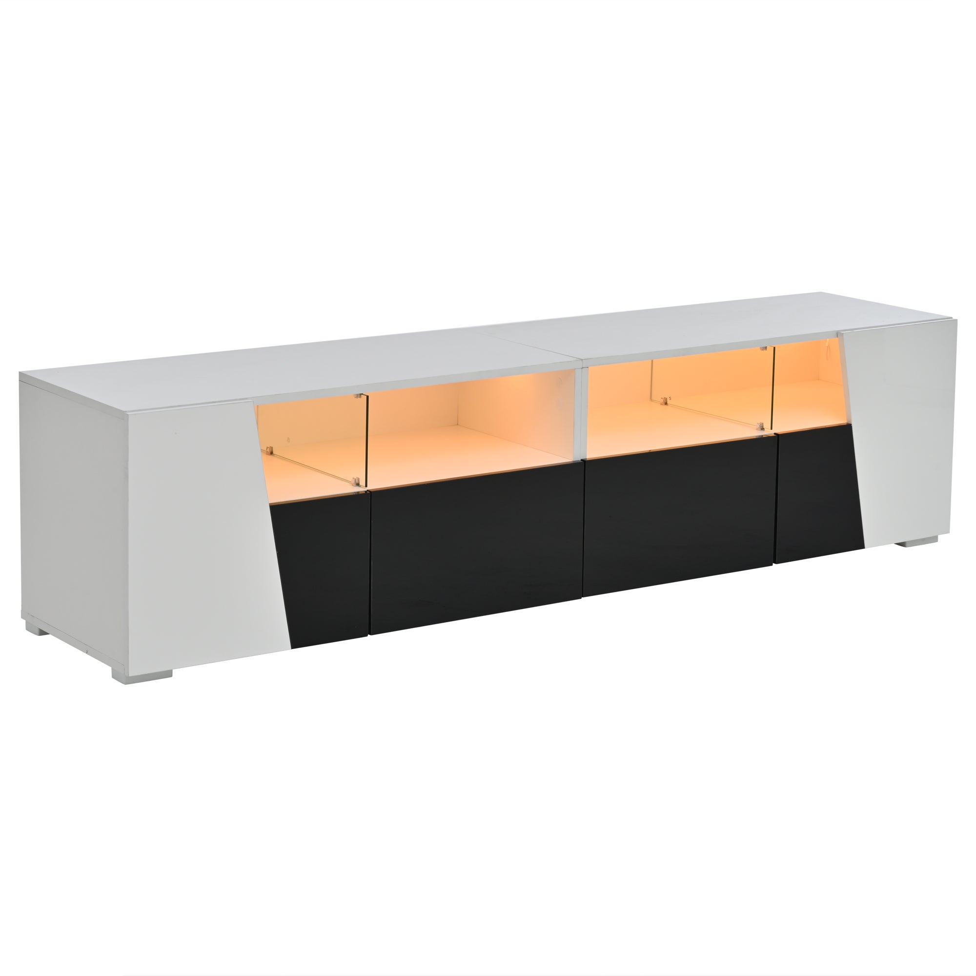 Meble pod TV 180x38,5x45 cm - z oświetleniem LED - 2 szuflady i 2 fronty - Otwarte półki - Błyszczące wykończenie - Biały + czarny - 7