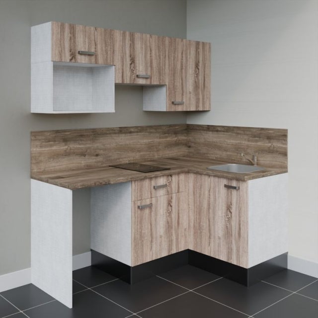 Kitchenette 128 cm modèle KA03 - Façades Bois - Plan de travail Bois - Crédences Oui - Evier